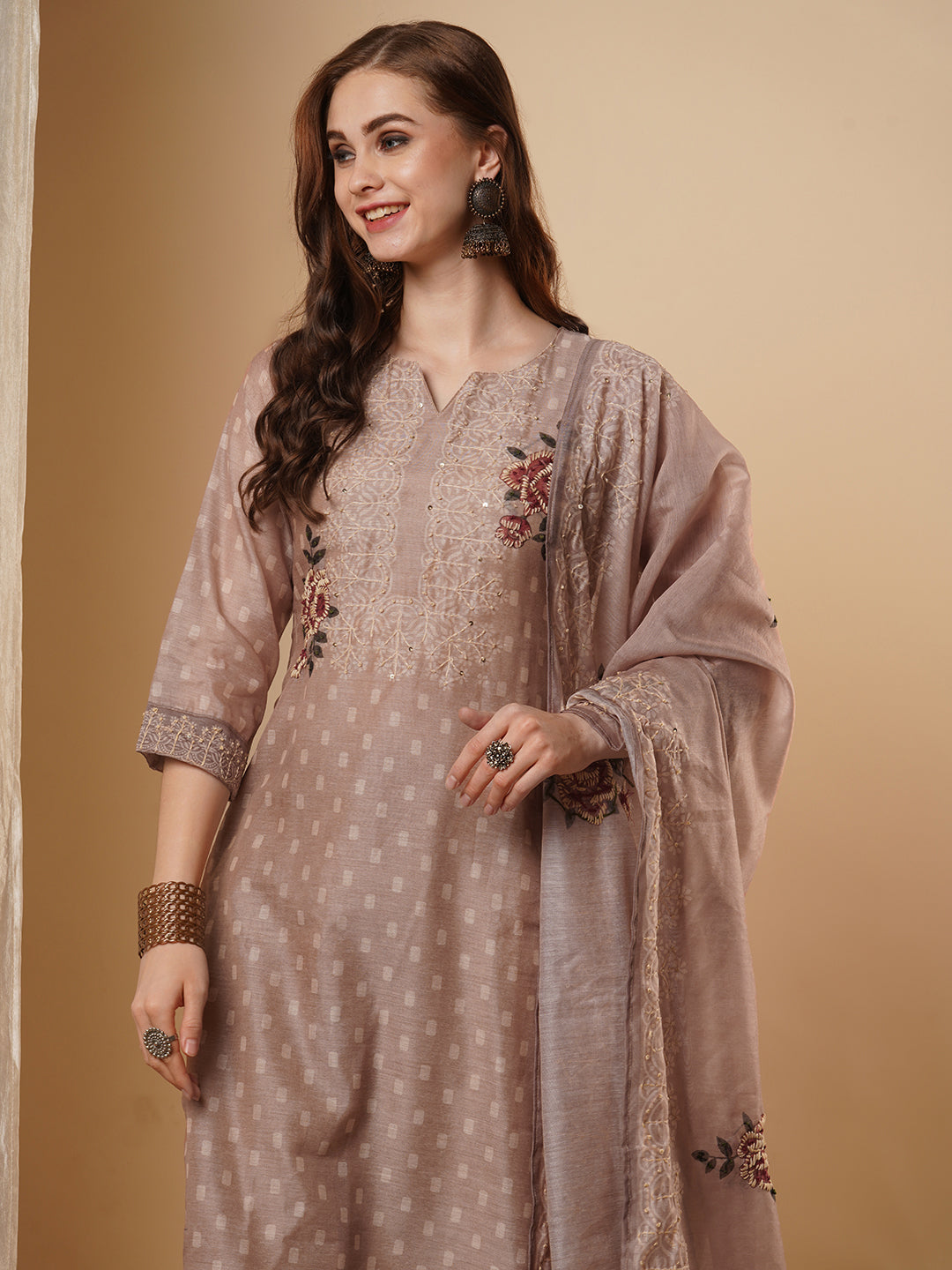 Solid Dobby Rose Printed & Hand Embroidered Straight Fit Kurta Set - Camel Brown