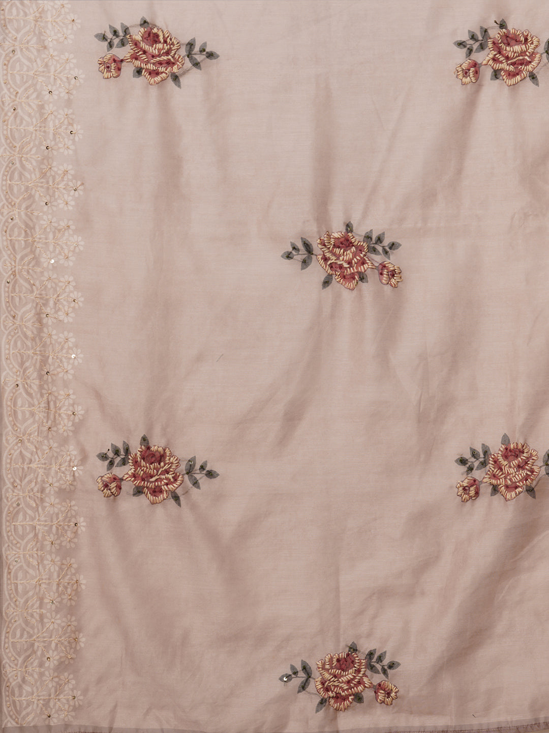 Solid Dobby Rose Printed & Hand Embroidered Straight Fit Kurta Set - Camel Brown