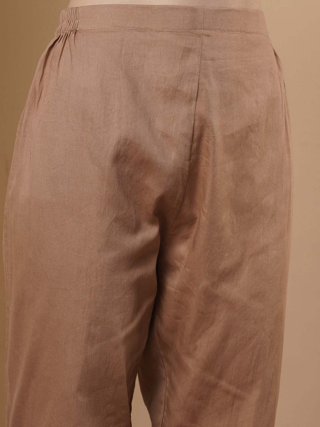 Solid Dobby Rose Printed & Hand Embroidered Straight Fit Kurta Set - Camel Brown