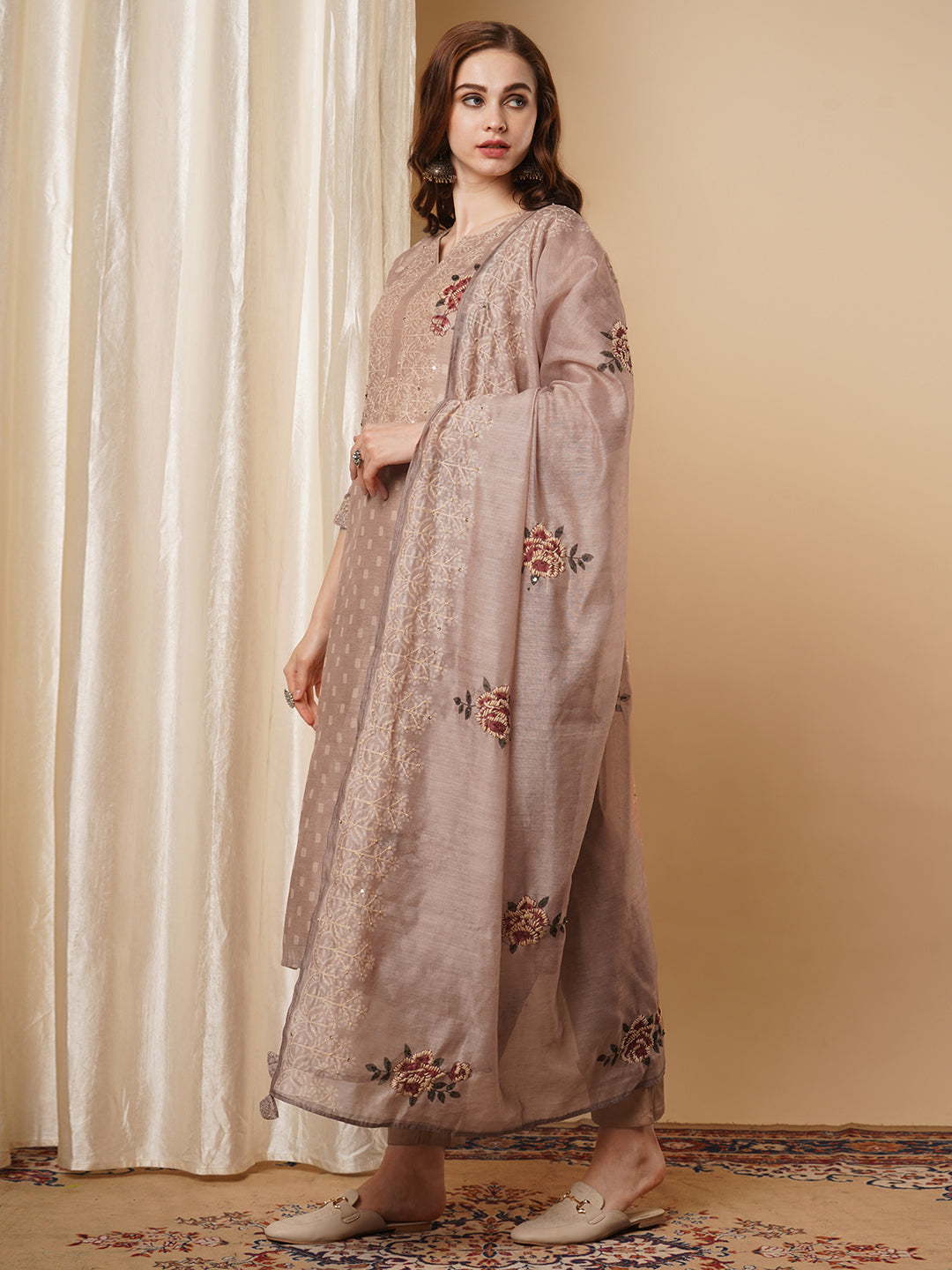 Solid Dobby Rose Printed & Hand Embroidered Straight Fit Kurta Set - Camel Brown