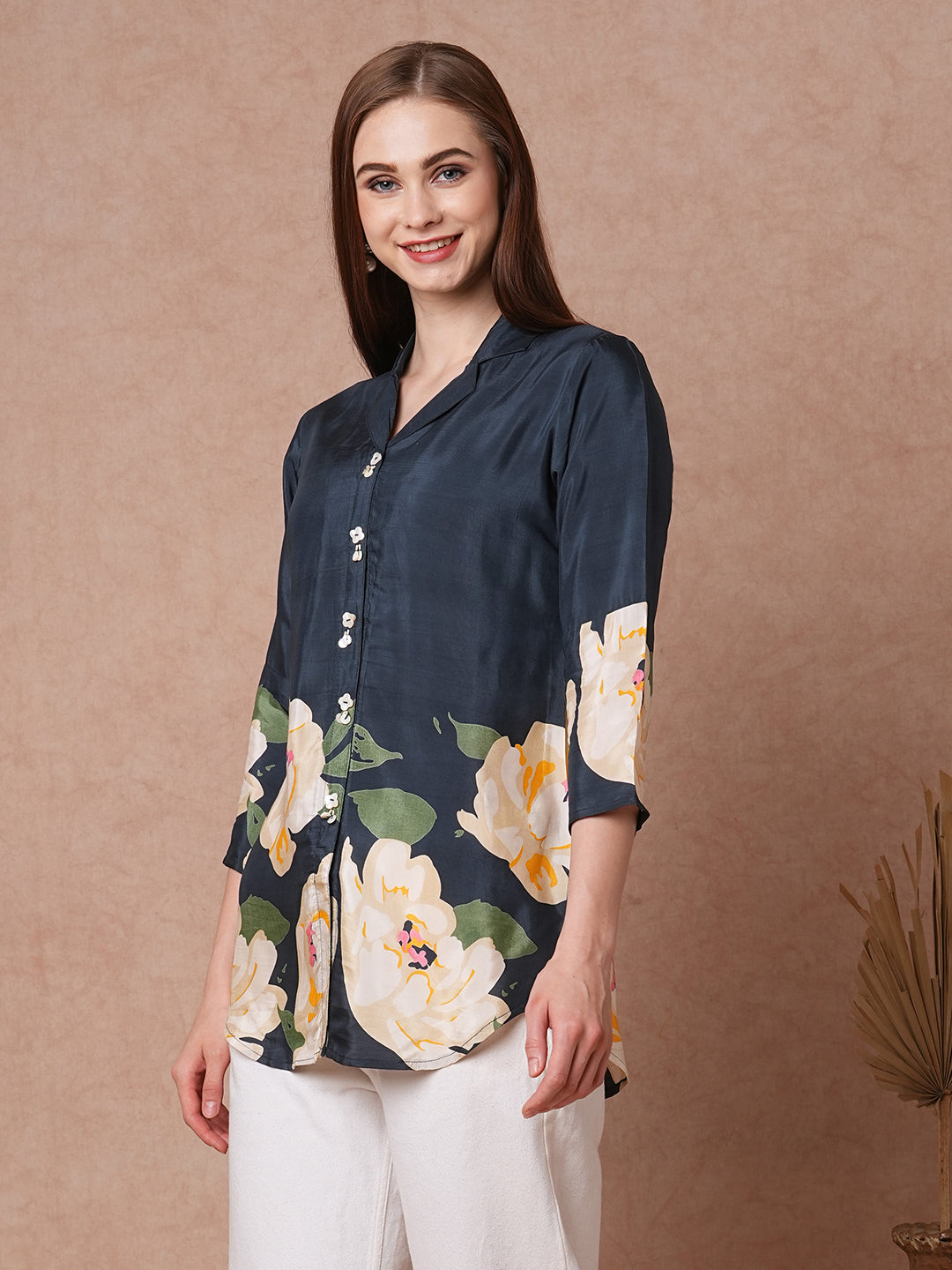 Abstract Floral Printed Straight Fit Short Kurti - Black