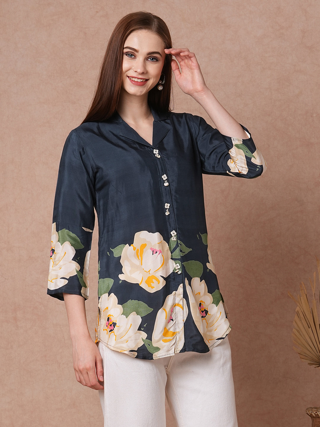 Abstract Floral Printed Straight Fit Short Kurti - Black