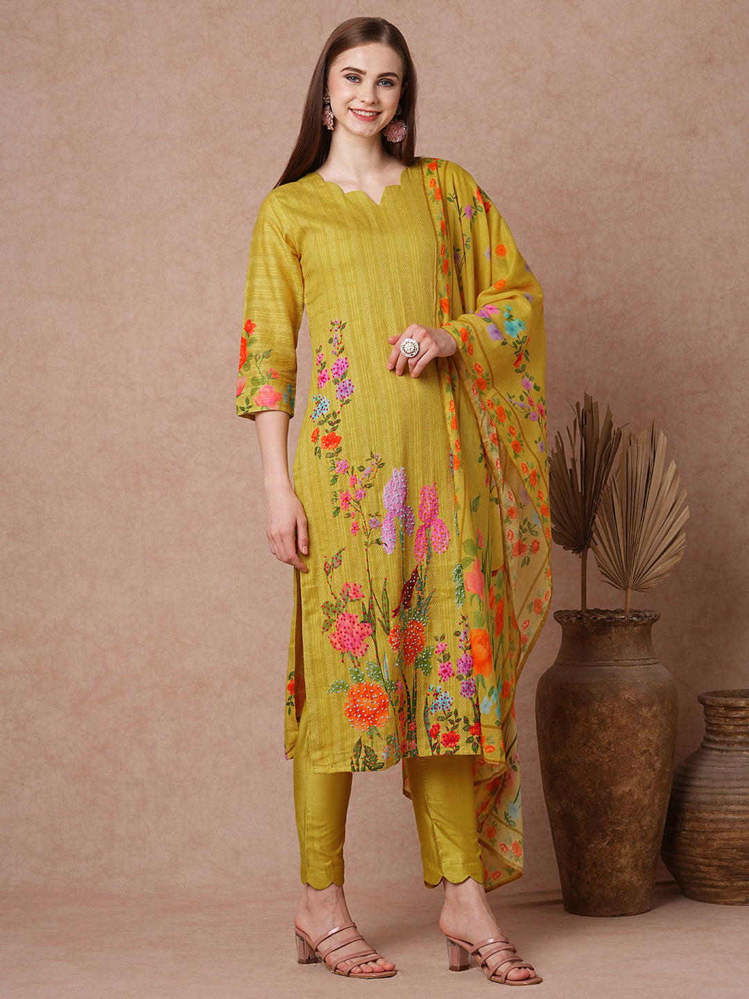 Solid Floral Printed & Hand Embroidered Straight Fit Kurta Set - Yellow