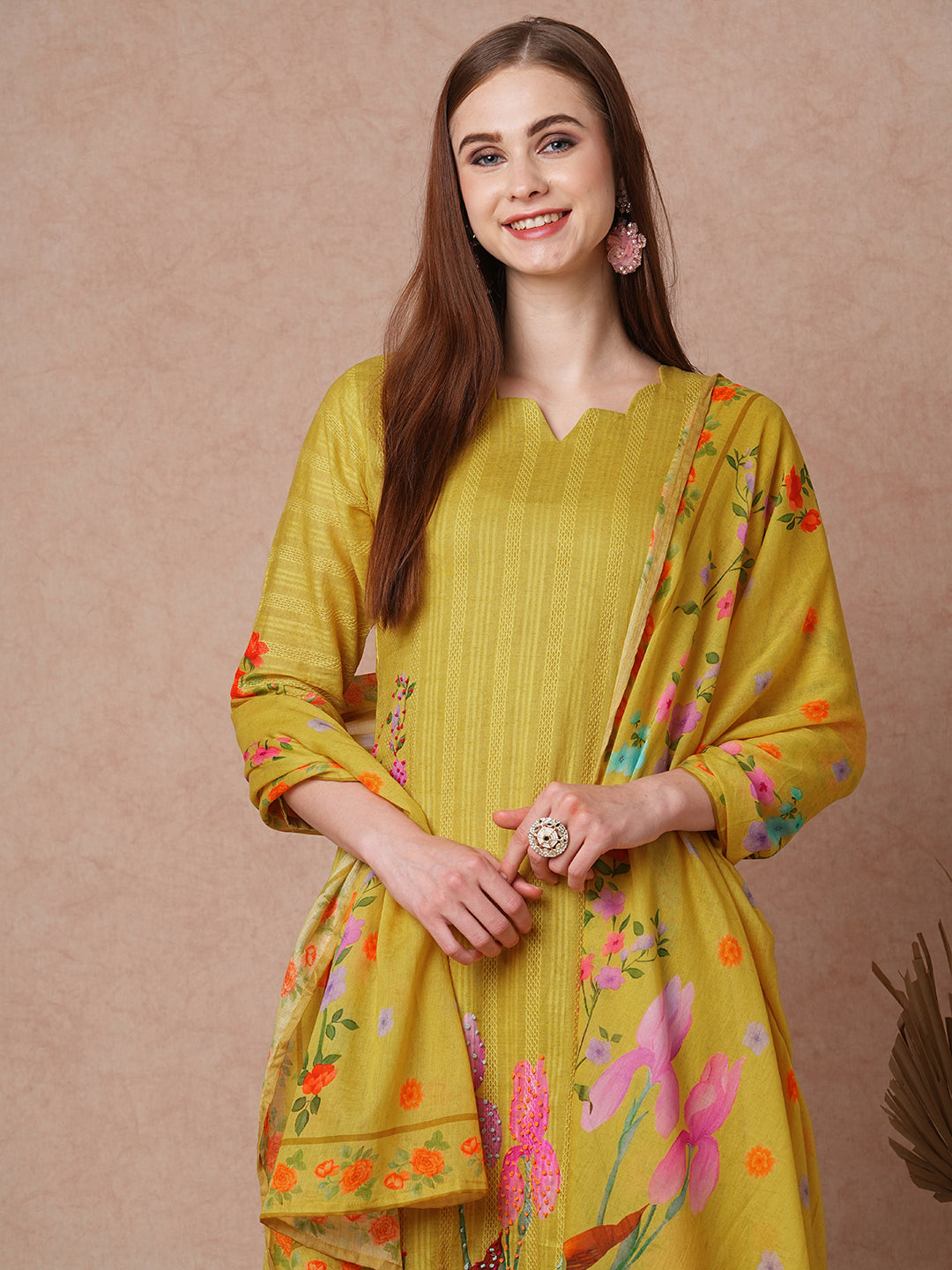 Solid Floral Printed & Hand Embroidered Straight Fit Kurta Set - Yellow