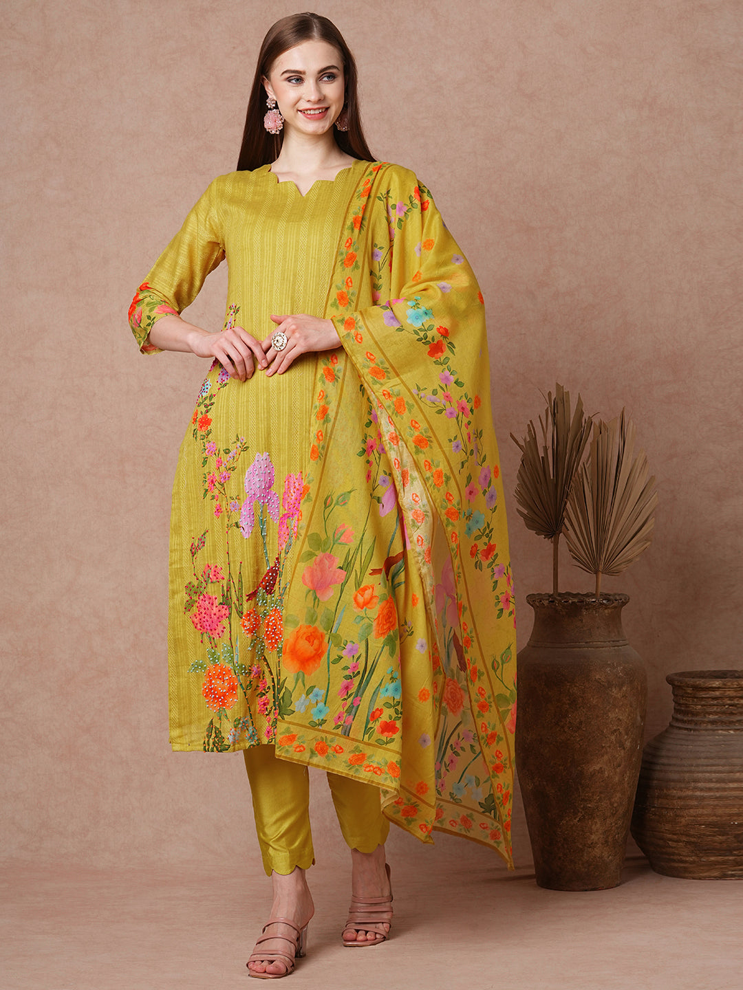 Solid Floral Printed & Hand Embroidered Straight Fit Kurta Set - Yellow
