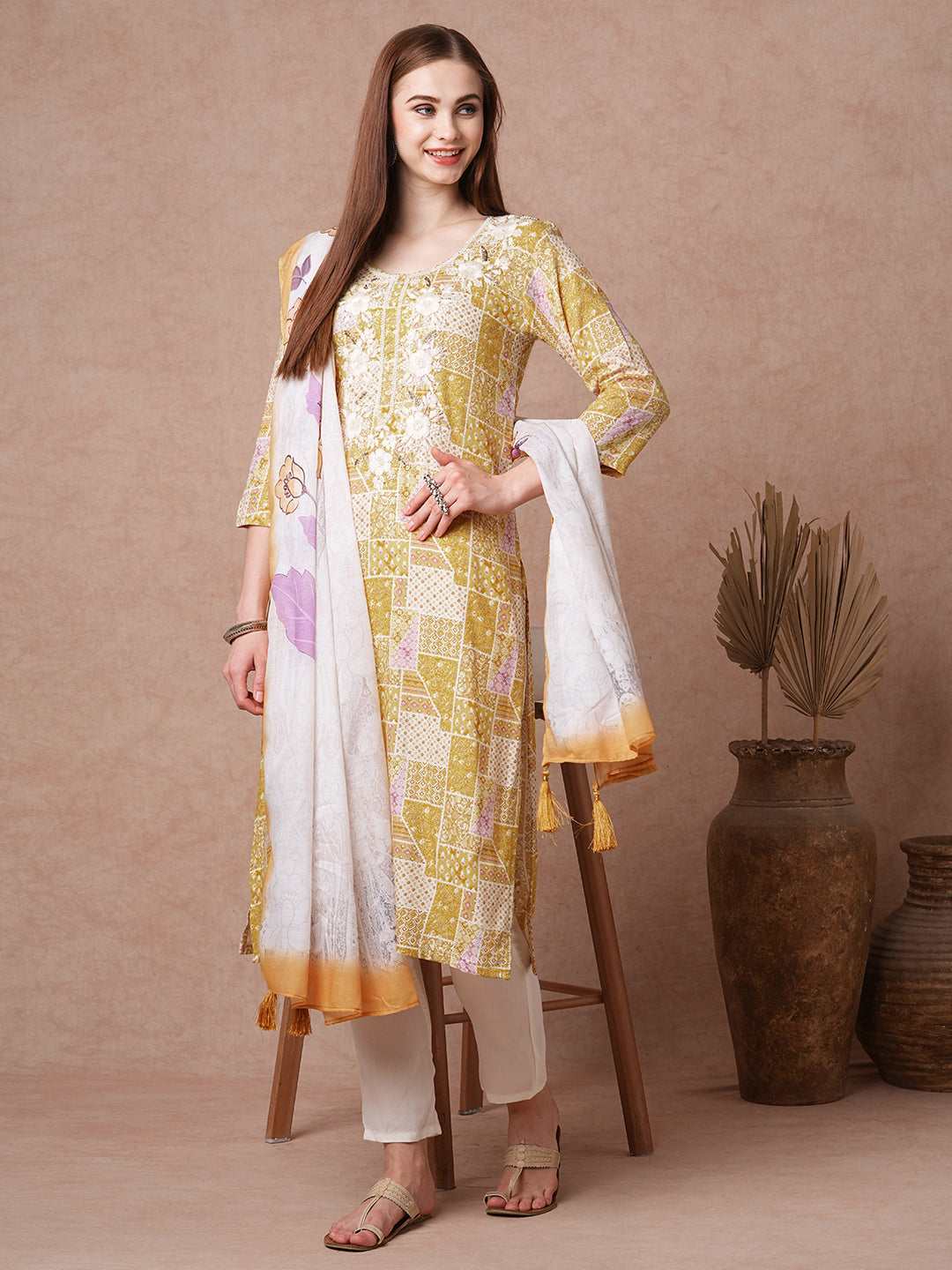 Ethnic Patch Printed & Embroidered Straight Fit Kurta with Pant and Dupatta - Mustard