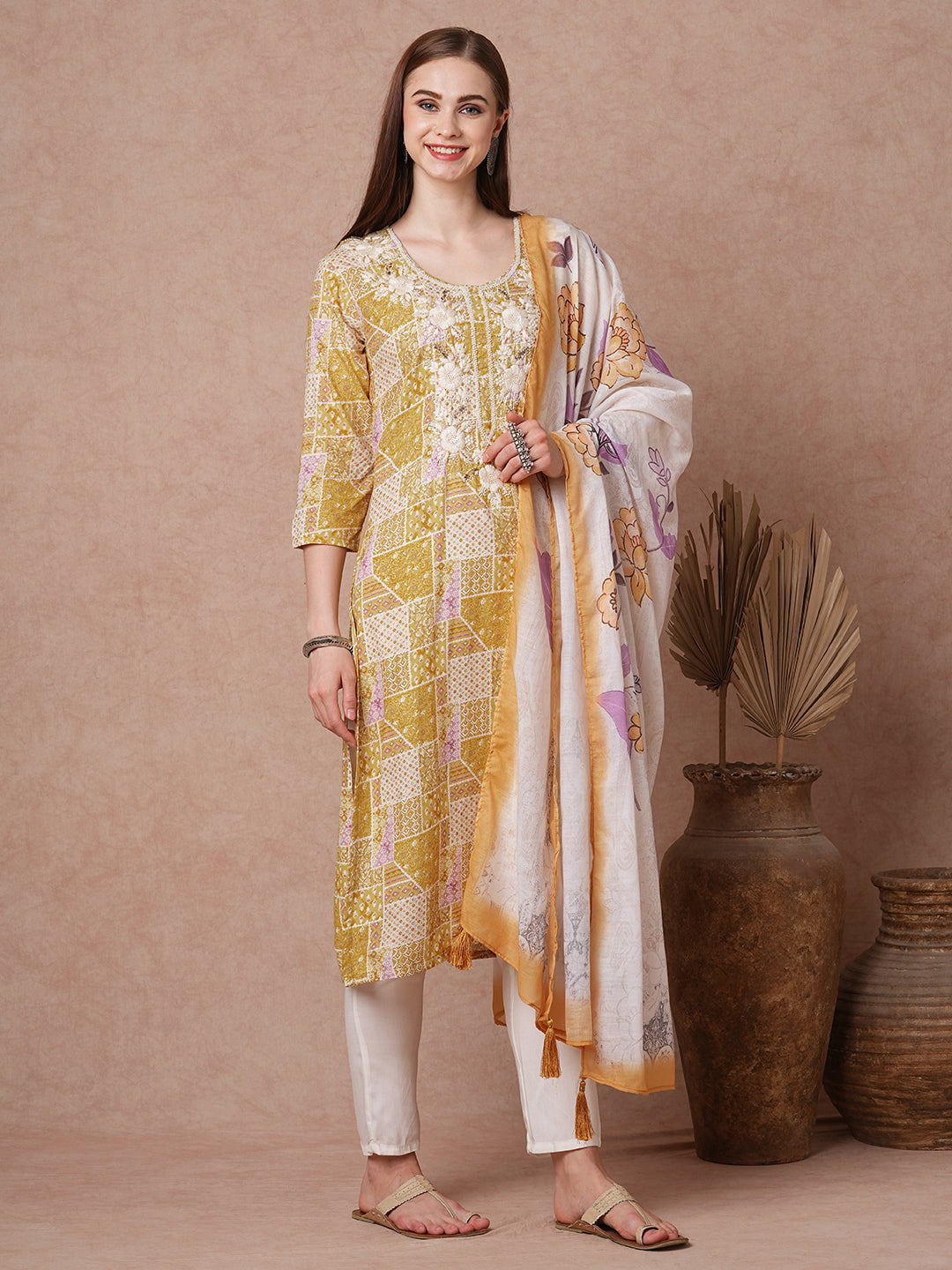 Ethnic Patch Printed & Embroidered Straight Fit Kurta with Pant and Dupatta - Mustard