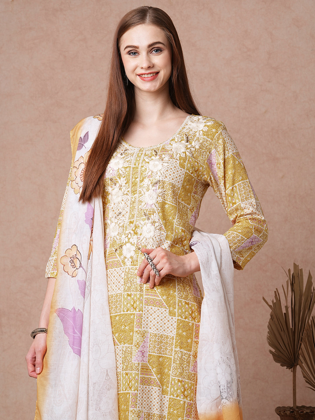 Ethnic Patch Printed & Embroidered Straight Fit Kurta with Pant and Dupatta - Mustard