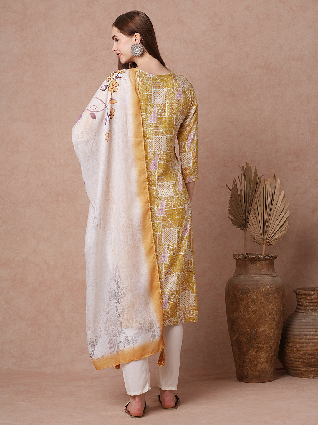 Ethnic Patch Printed & Embroidered Straight Fit Kurta with Pant and Dupatta - Mustard