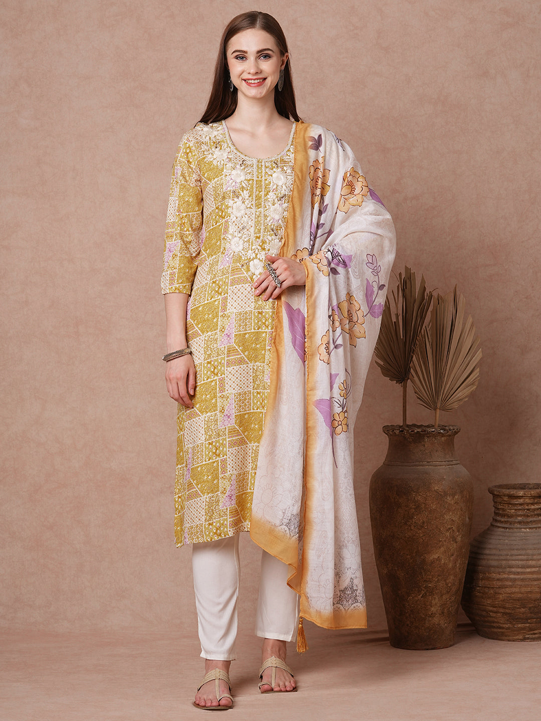 Ethnic Patch Printed & Embroidered Straight Fit Kurta with Pant and Dupatta - Mustard