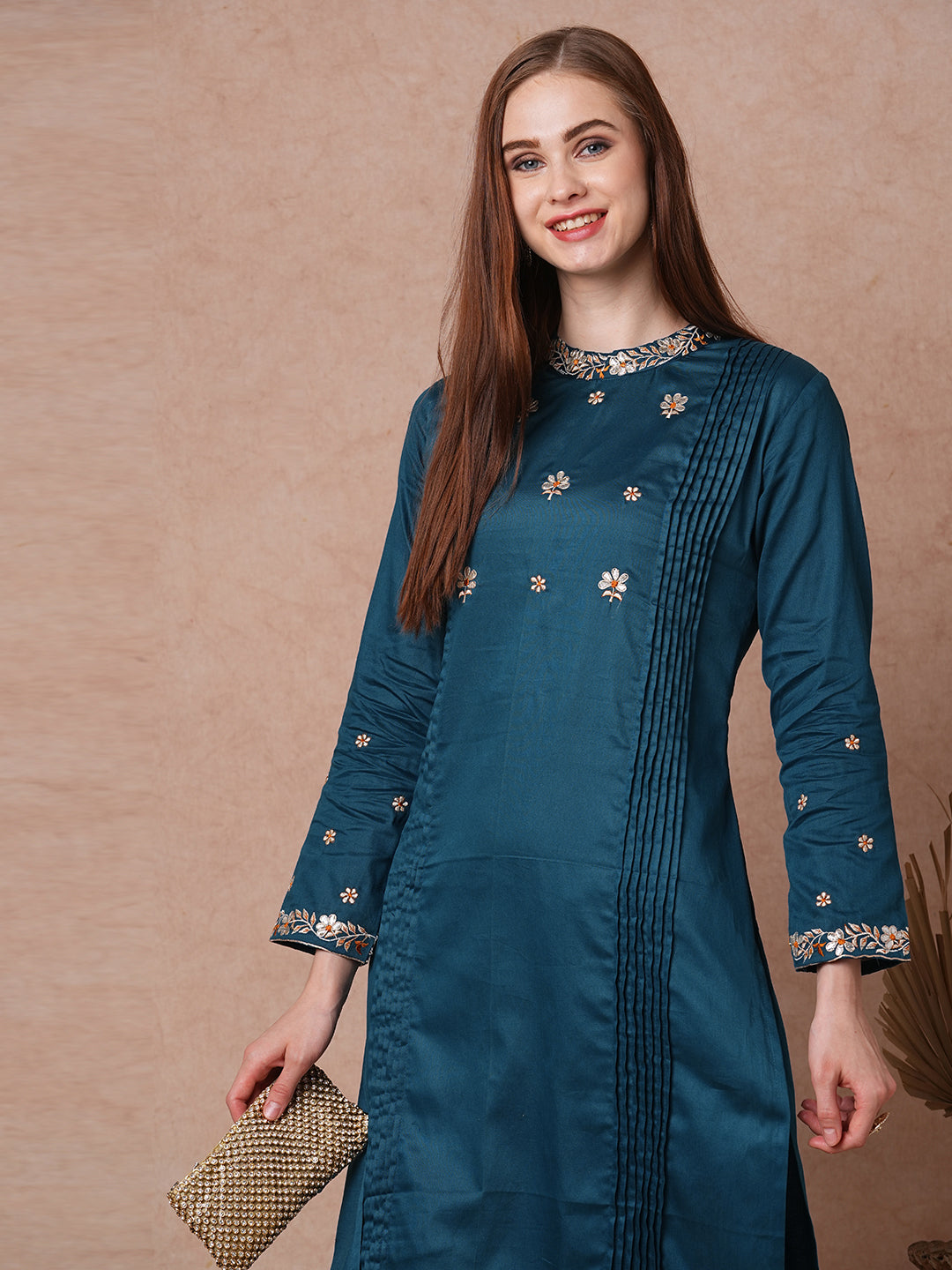 Solid Ethnic Floral Embroidered Straight Fit Kurta - Teal Blue