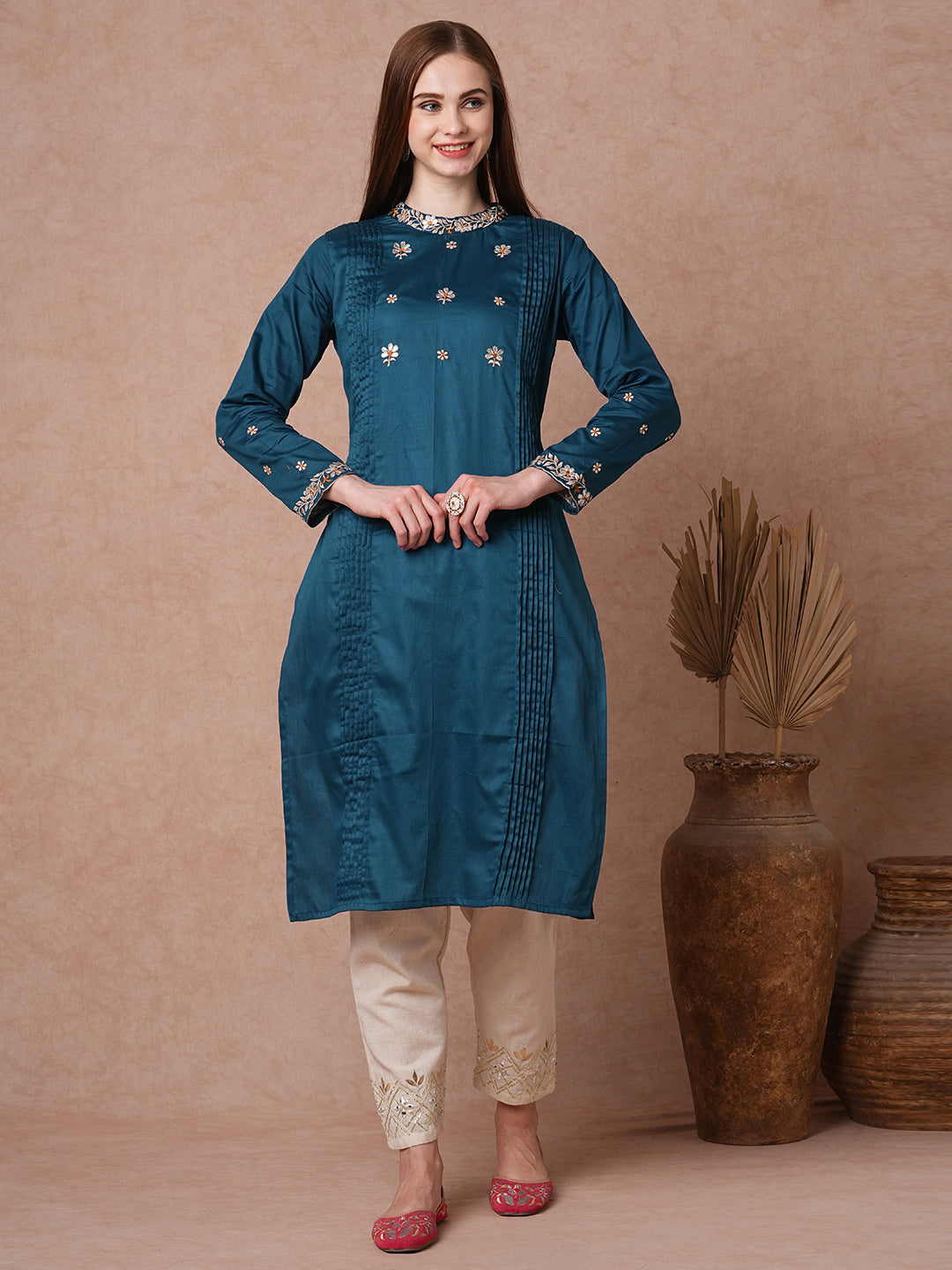 Solid Ethnic Floral Embroidered Straight Fit Kurta - Teal Blue