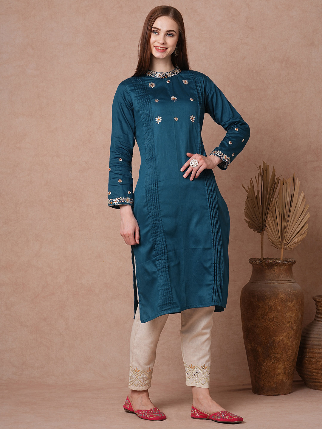 Solid Ethnic Floral Embroidered Straight Fit Kurta - Teal Blue