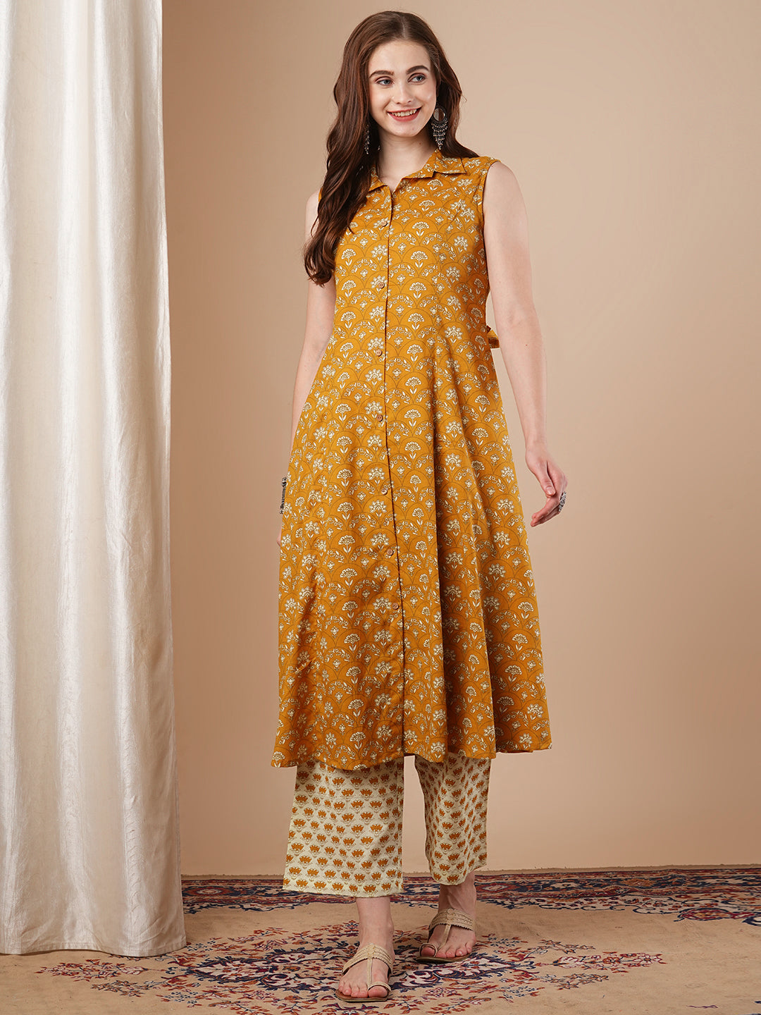 Ethnic Floral Printed A-Line Paneled Kurta with Palazzo - Mustard