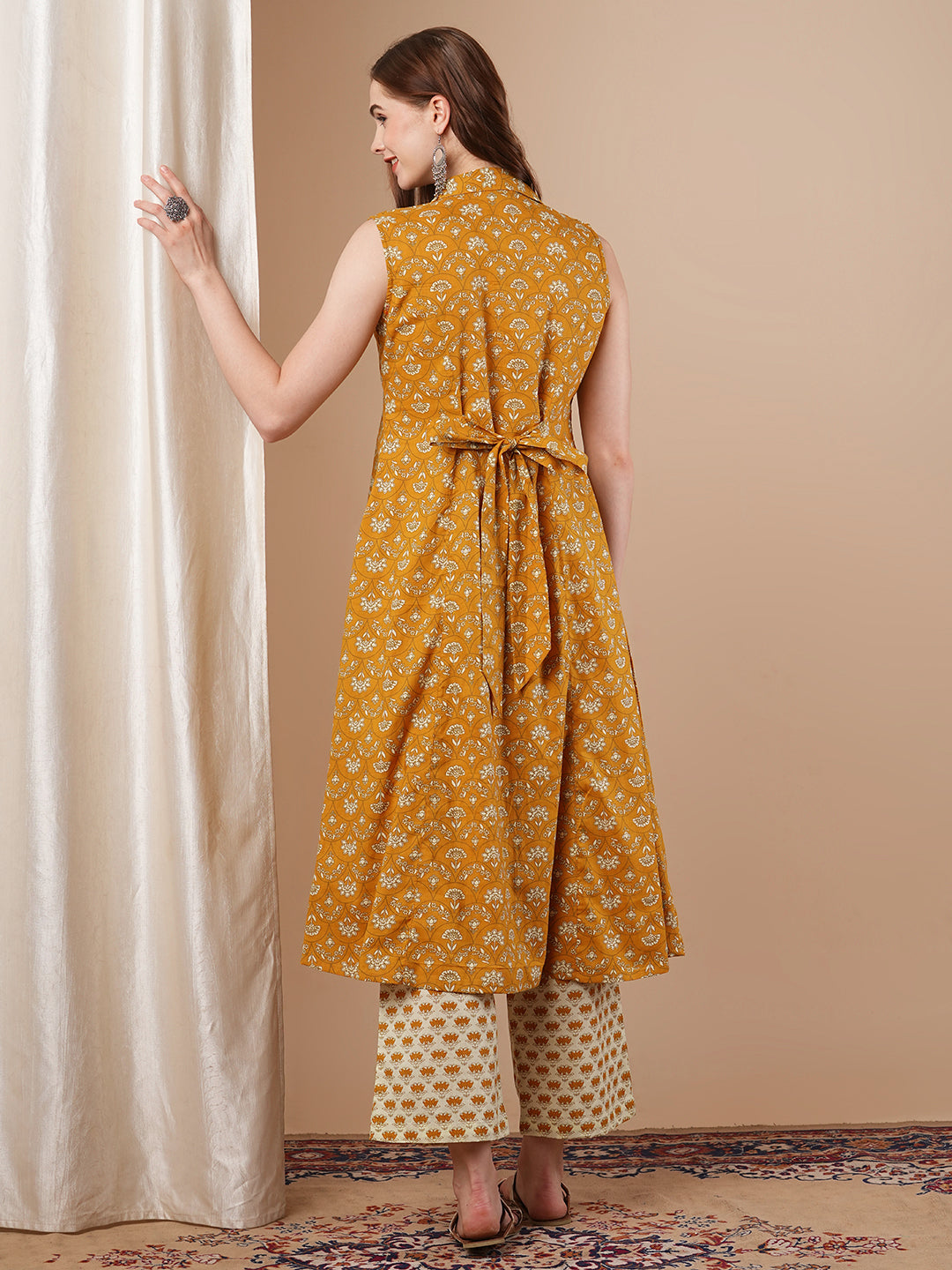 Ethnic Floral Printed A-Line Paneled Kurta with Palazzo - Mustard
