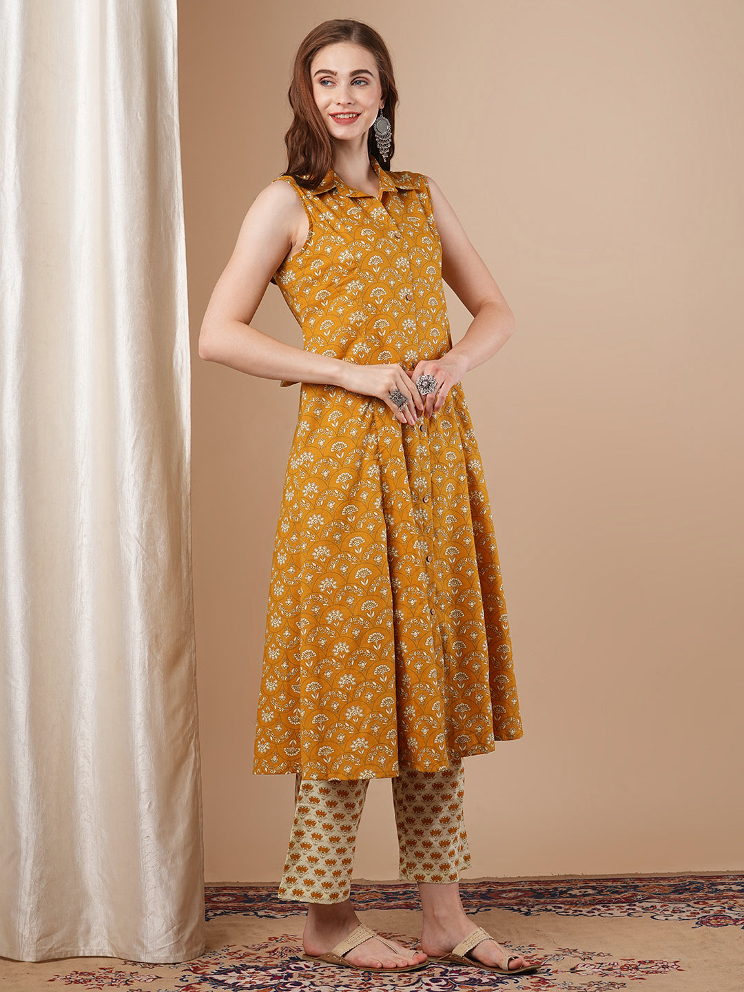 Ethnic Floral Printed A-Line Paneled Kurta with Palazzo - Mustard
