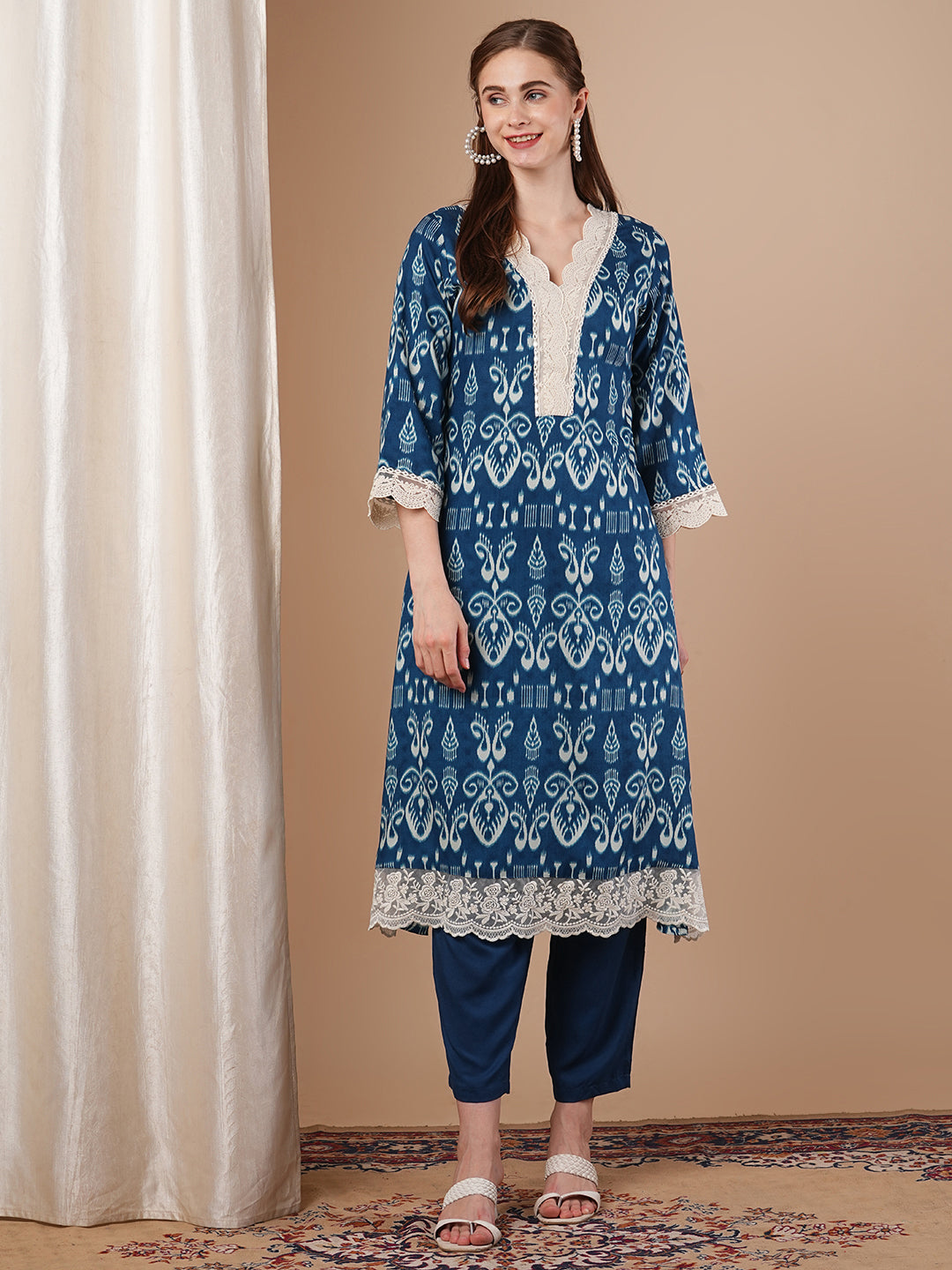 Ethnic Ikat Printed A-Line Flared Kurta with Solid Pant - Blue