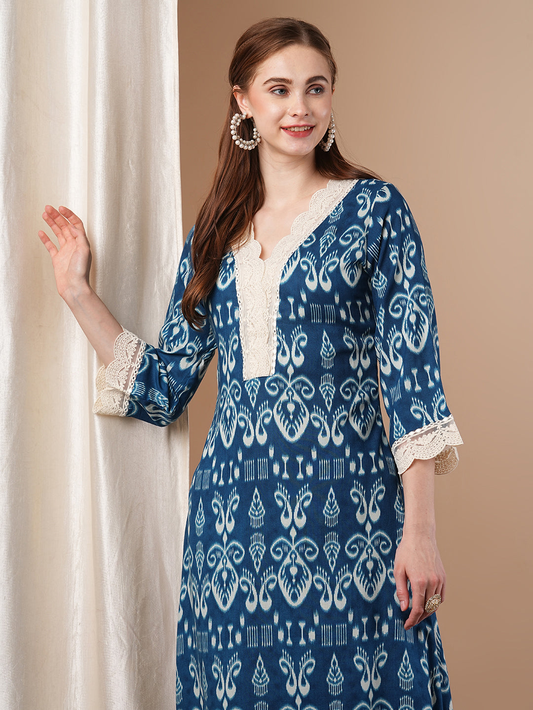 Ethnic Ikat Printed A-Line Flared Kurta with Solid Pant - Blue