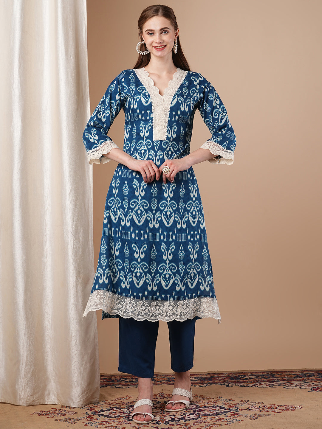 Ethnic Ikat Printed A-Line Flared Kurta with Solid Pant - Blue