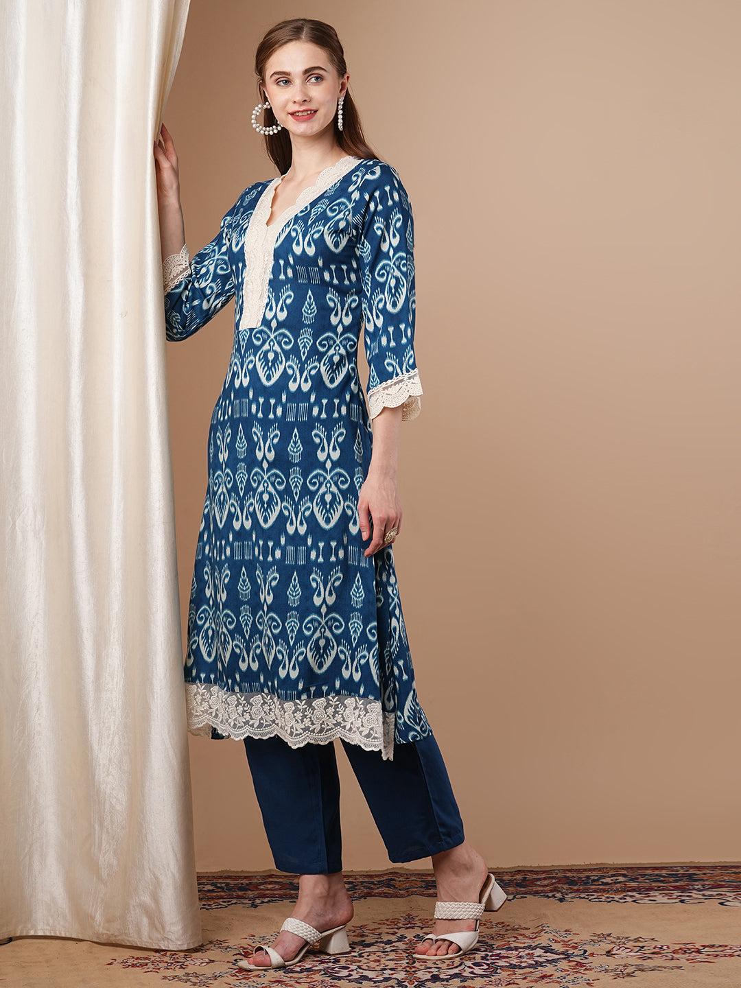 Ethnic Ikat Printed A-Line Flared Kurta with Solid Pant - Blue