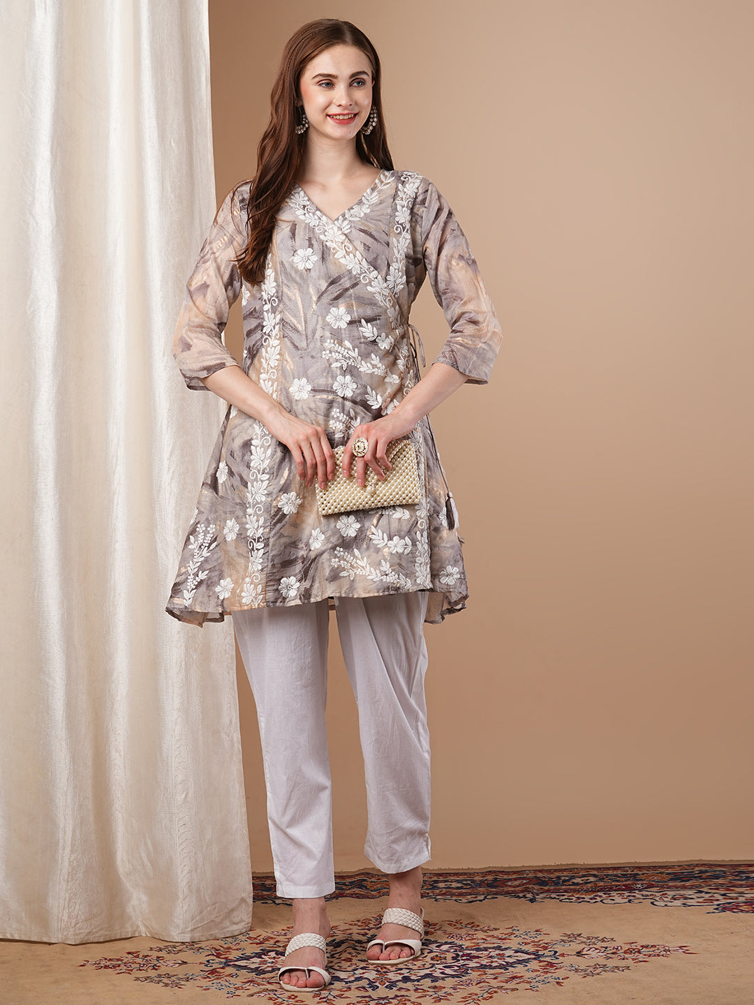 Abstract Printed & Chikankari Work Angrakha Style Kurta with Pant - Taupe