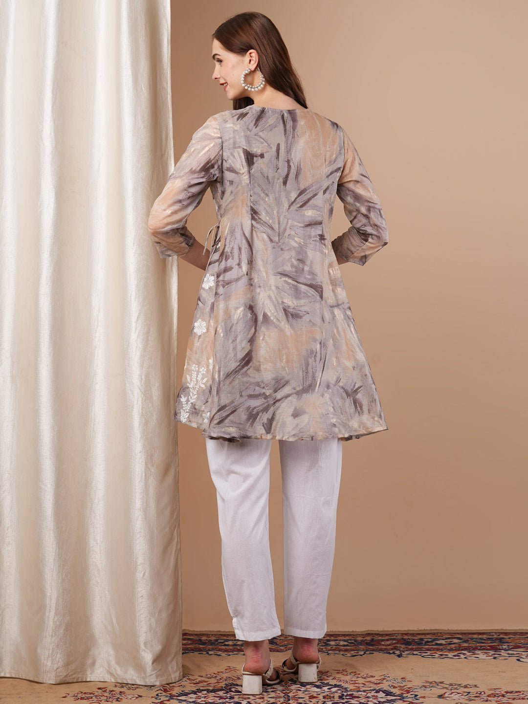 Abstract Printed & Chikankari Work Angrakha Style Kurta with Pant - Taupe