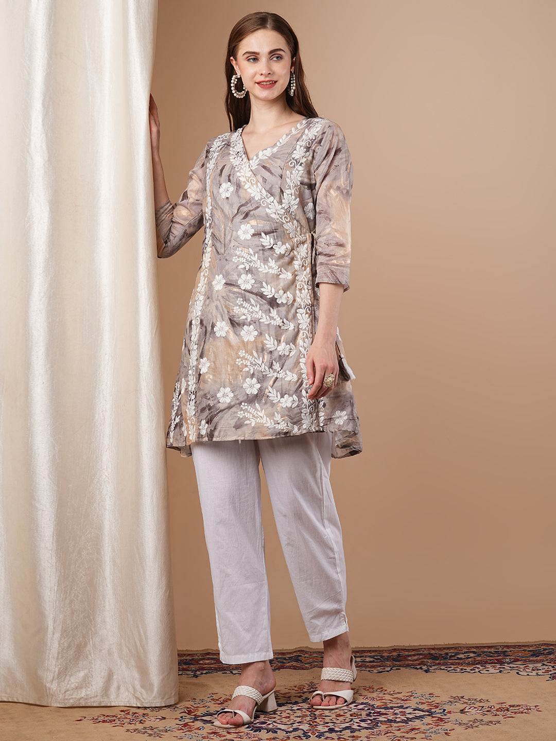 Abstract Printed & Chikankari Work Angrakha Style Kurta with Pant - Taupe