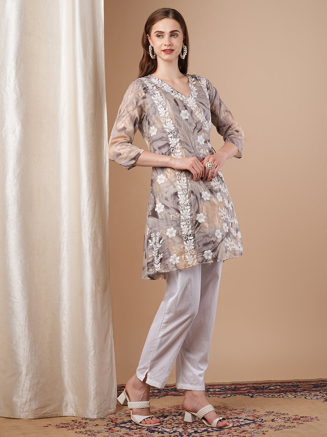 Abstract Printed & Chikankari Work Angrakha Style Kurta with Pant - Taupe