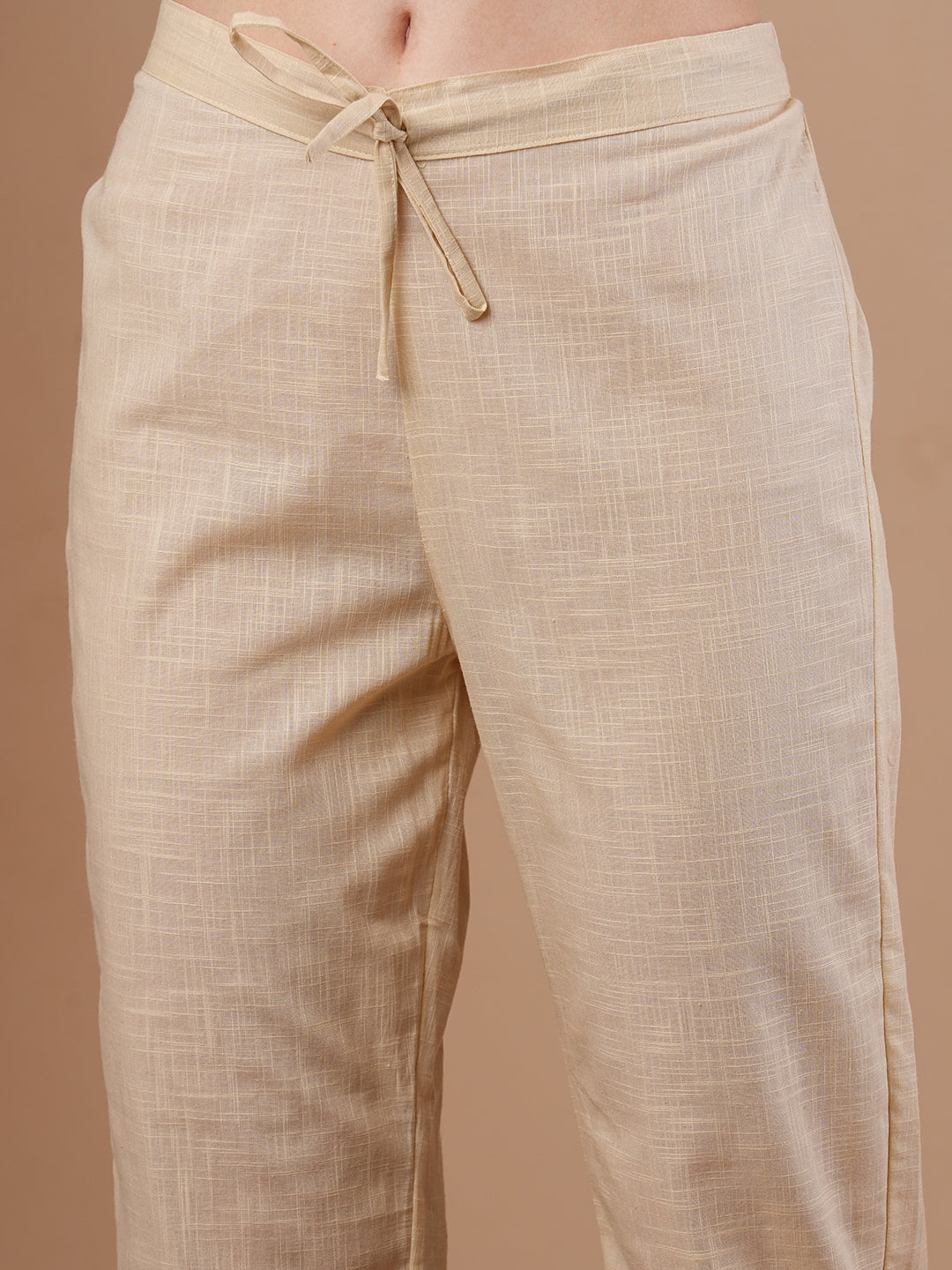 Ethnic Printed Straight Cut Cotton Flax Kurta with Pant & Kalamkari Dupatta - Off White