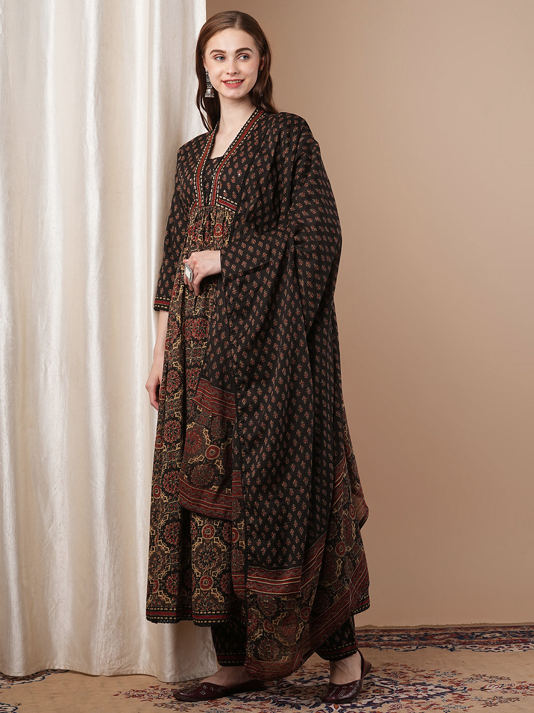 Ethnic Printed & Embroidered Anarkali Kurta with Pant & Pure Cotton Dupatta - Black