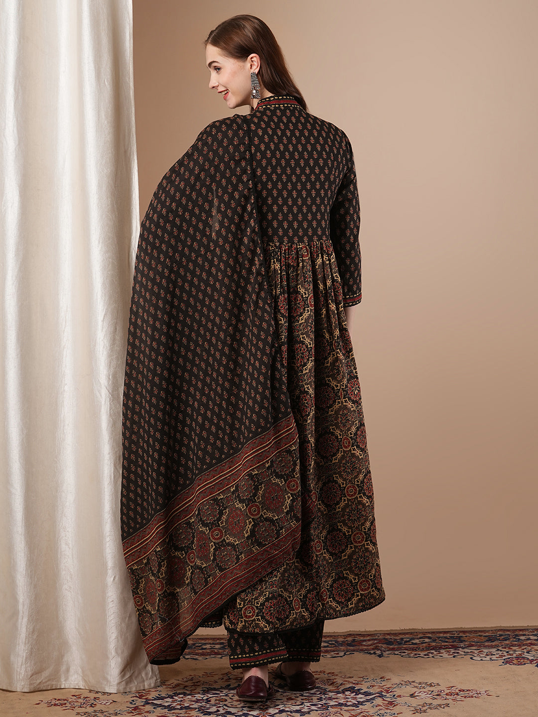 Ethnic Printed & Embroidered Anarkali Kurta with Pant & Pure Cotton Dupatta - Black