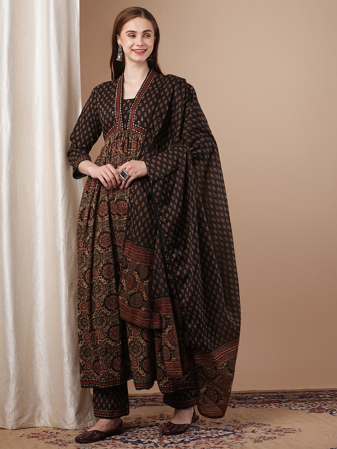 Ethnic Printed & Embroidered Anarkali Kurta with Pant & Pure Cotton Dupatta - Black