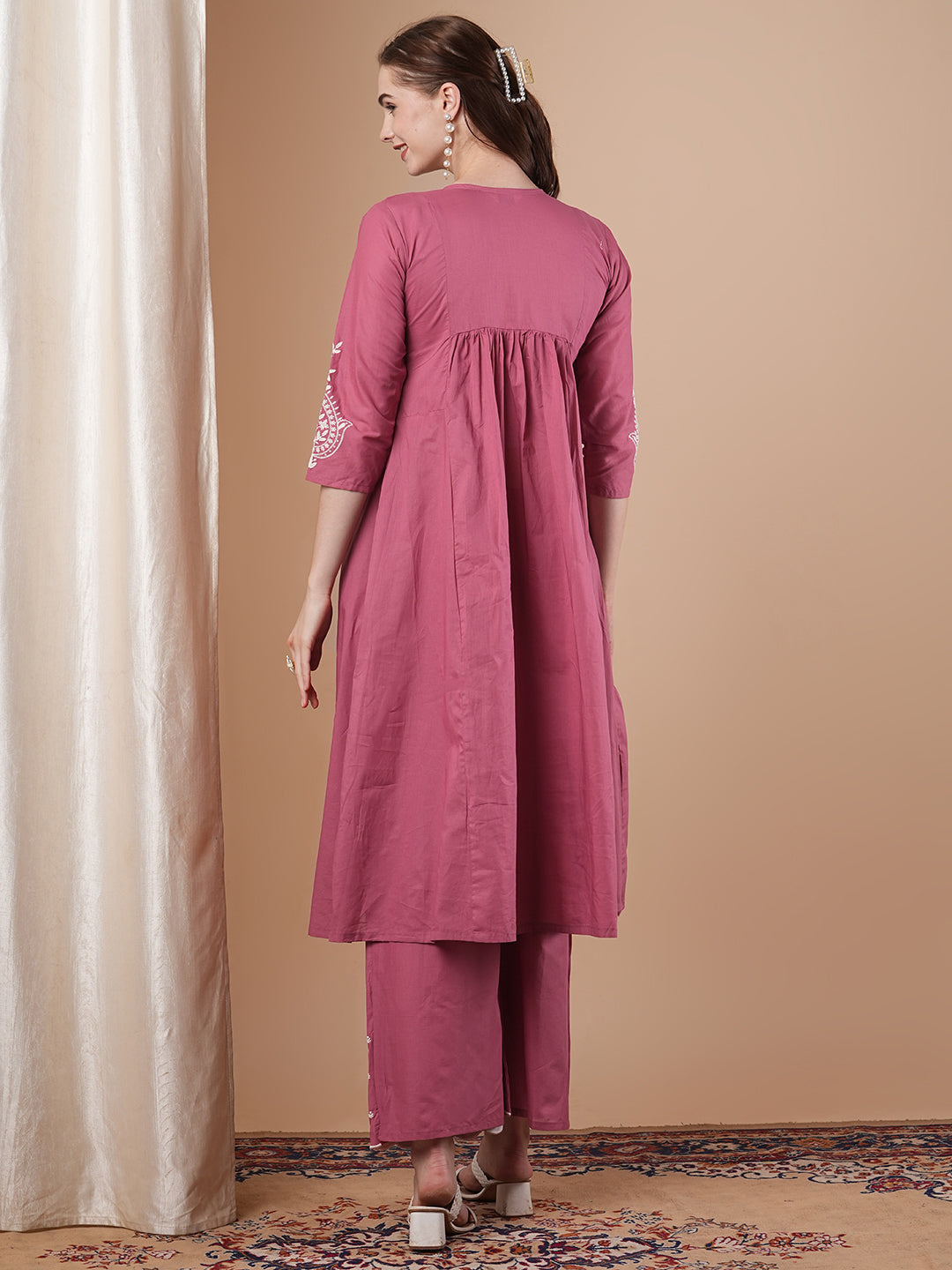 Solid Floral Chikankari Embroidered A-Line Pleated Kurta with Palazzo - Pink