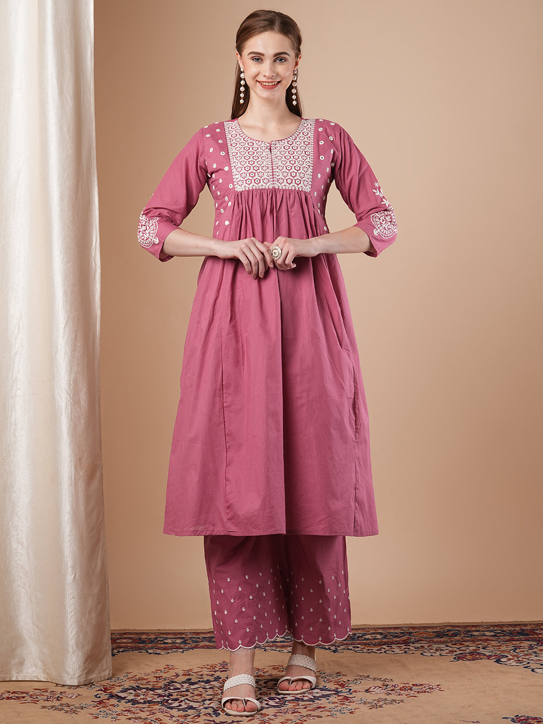 Solid Floral Chikankari Embroidered A-Line Pleated Kurta with Palazzo - Pink
