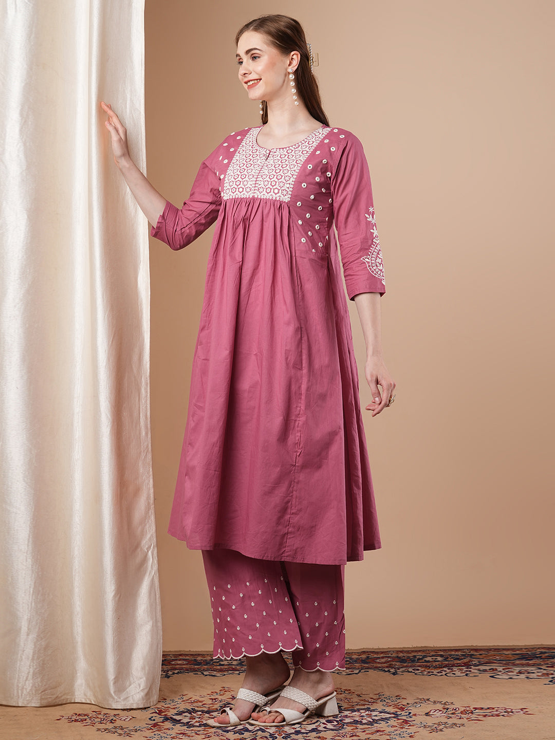 Solid Floral Chikankari Embroidered A-Line Pleated Kurta with Palazzo - Pink