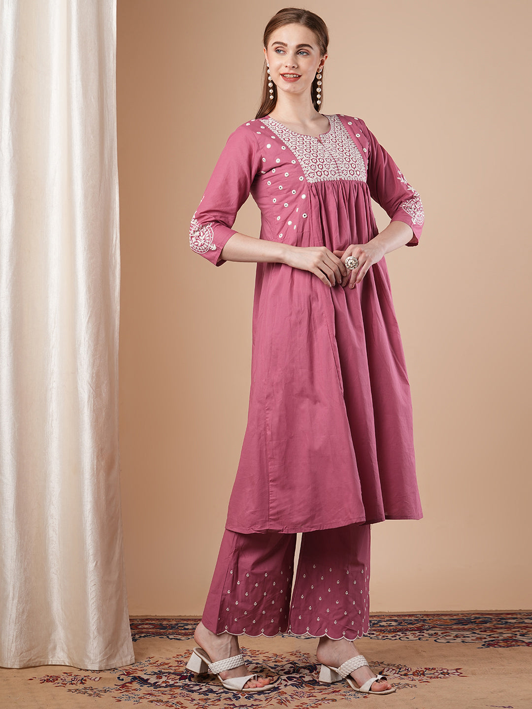 Solid Floral Chikankari Embroidered A-Line Pleated Kurta with Palazzo - Pink