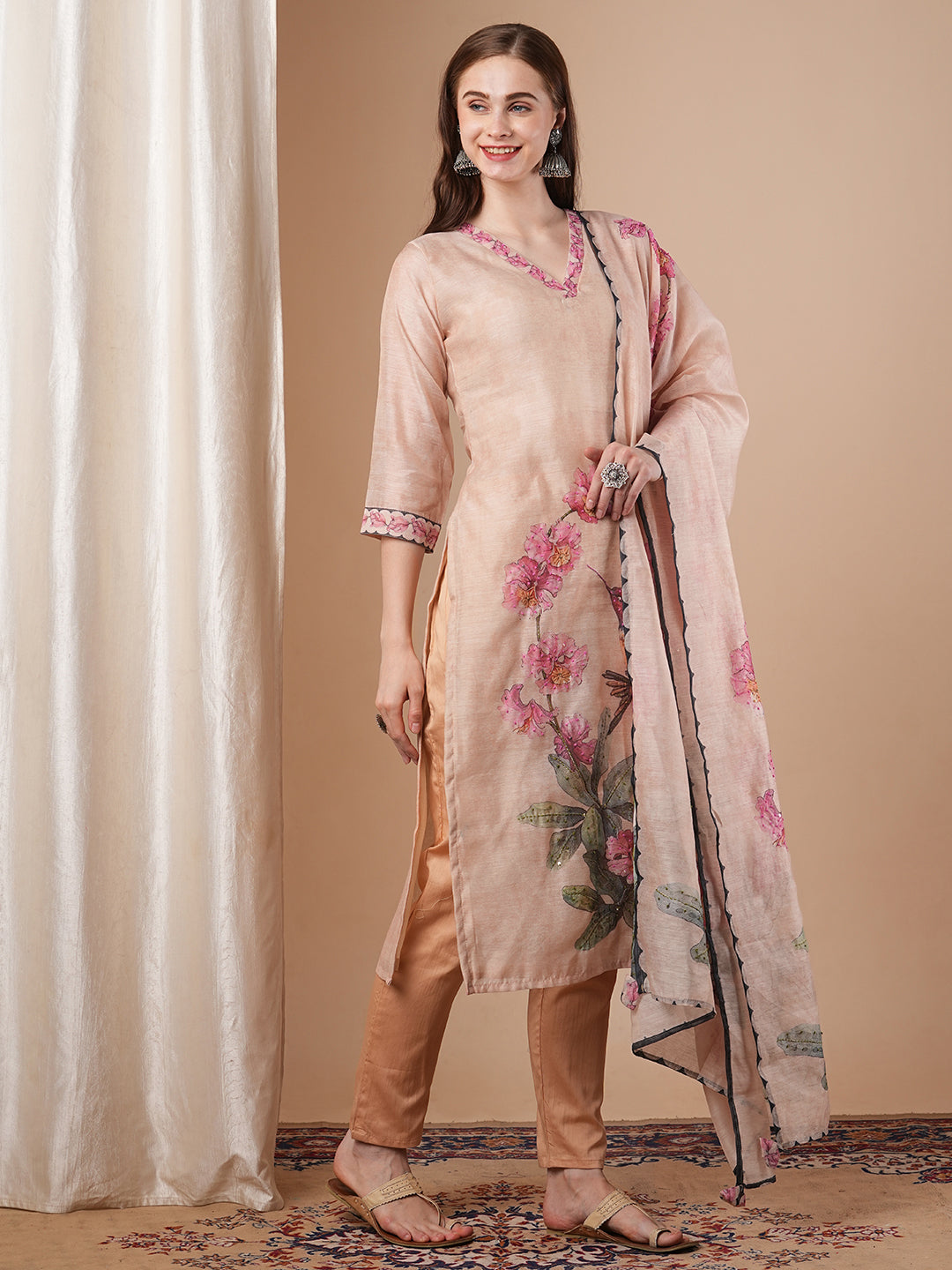 Abstract Floral Printed & Hand Embroidered Straight Kurta with Pant and Dupatta - Cream