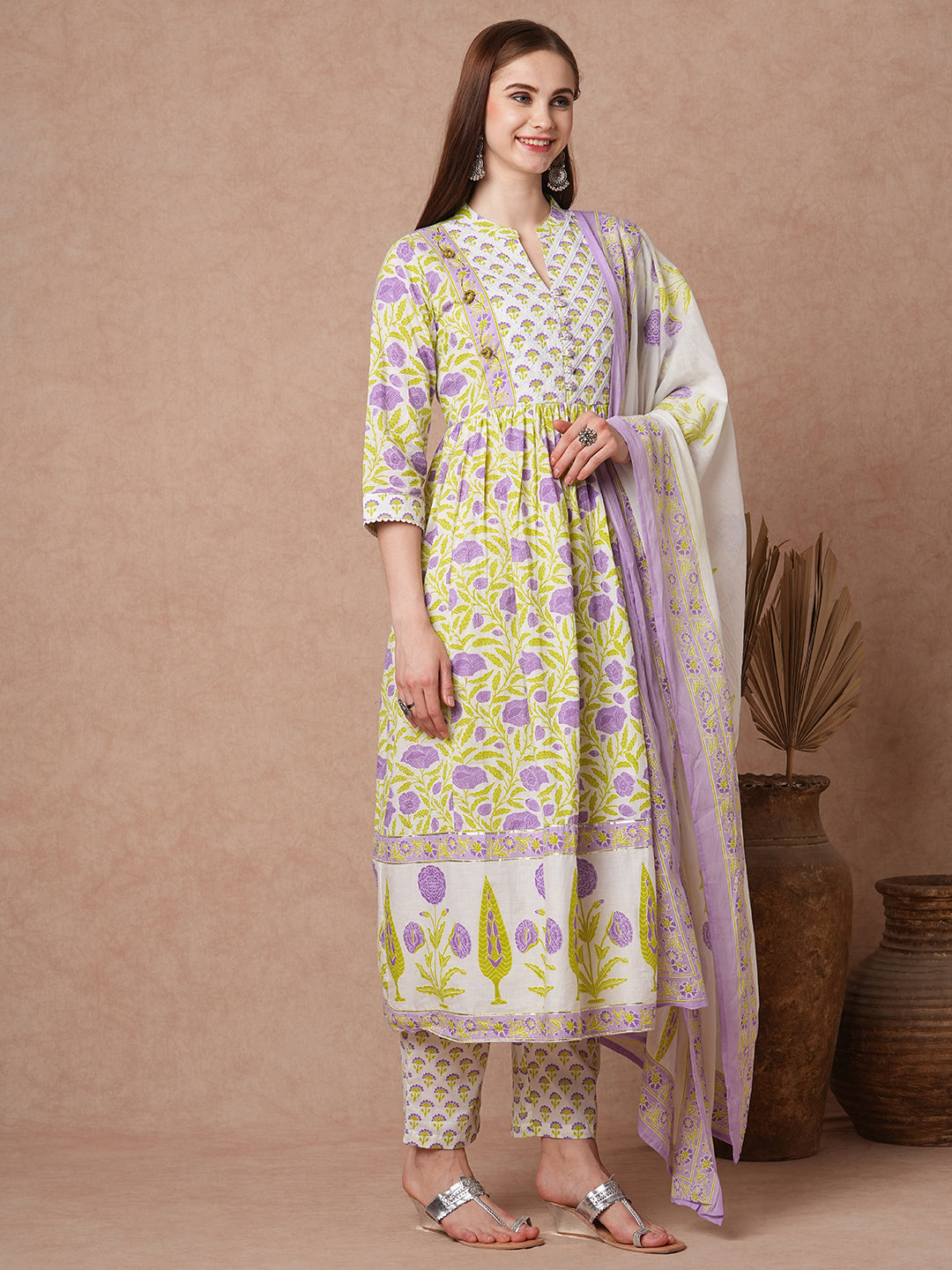 Floral Printed & Embroidered Anarkali Flared Kurta with Pant & Dupatta - White