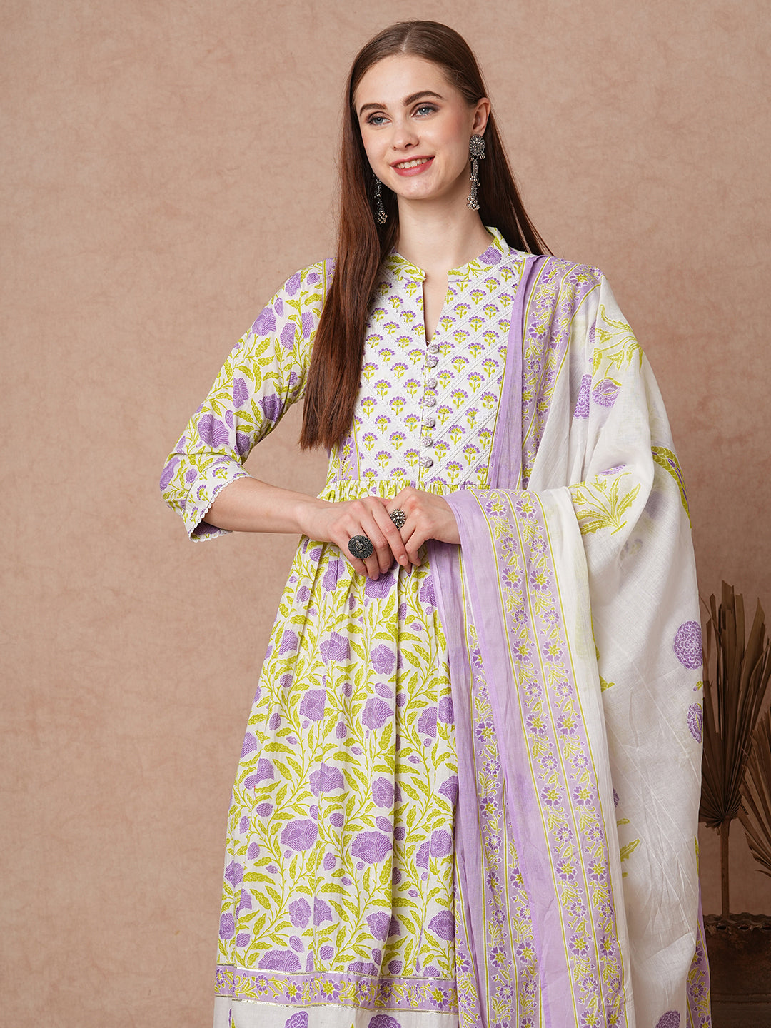Floral Printed & Embroidered Anarkali Flared Kurta with Pant & Dupatta - White