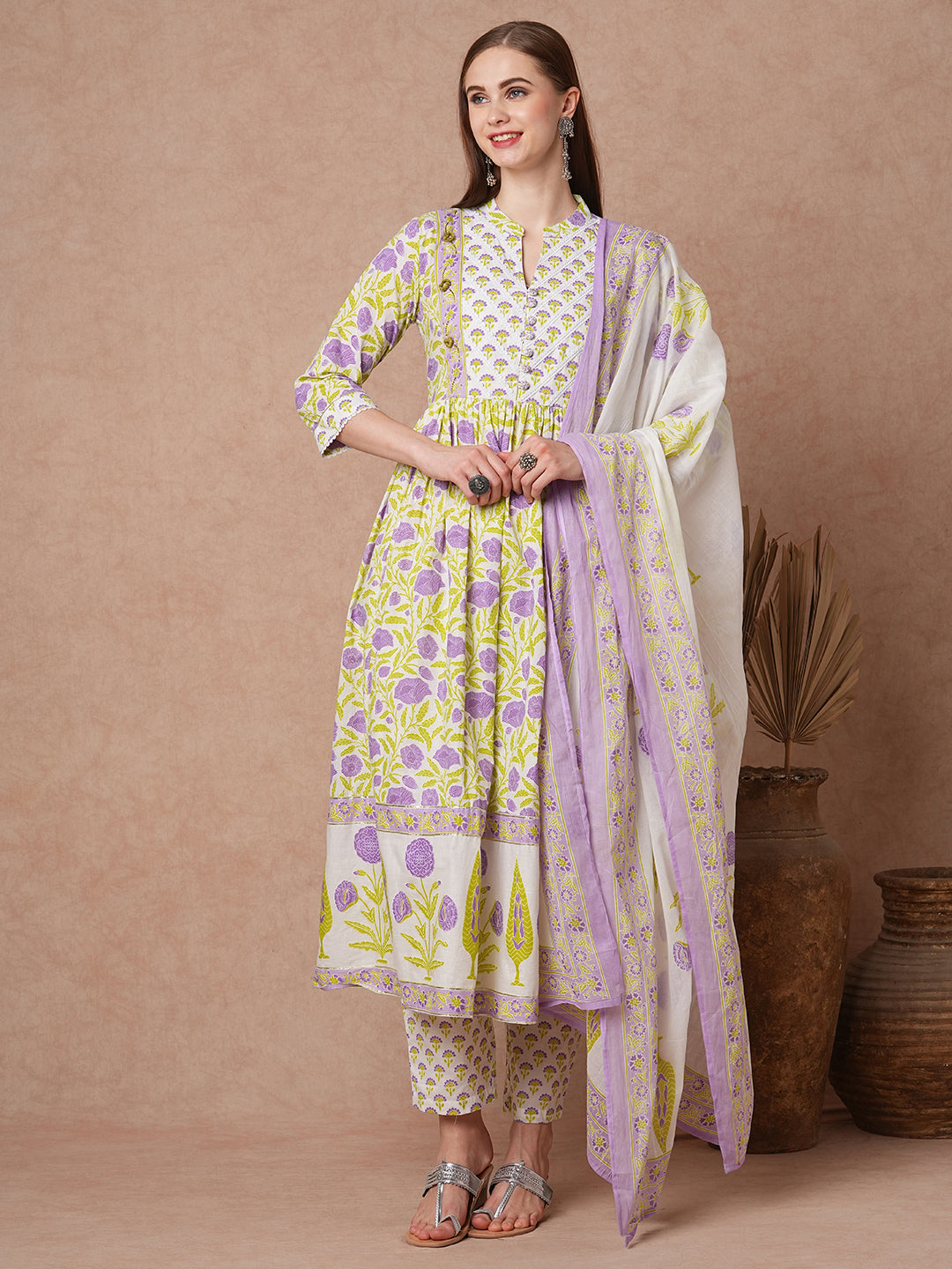 Floral Printed & Embroidered Anarkali Flared Kurta with Pant & Dupatta - White