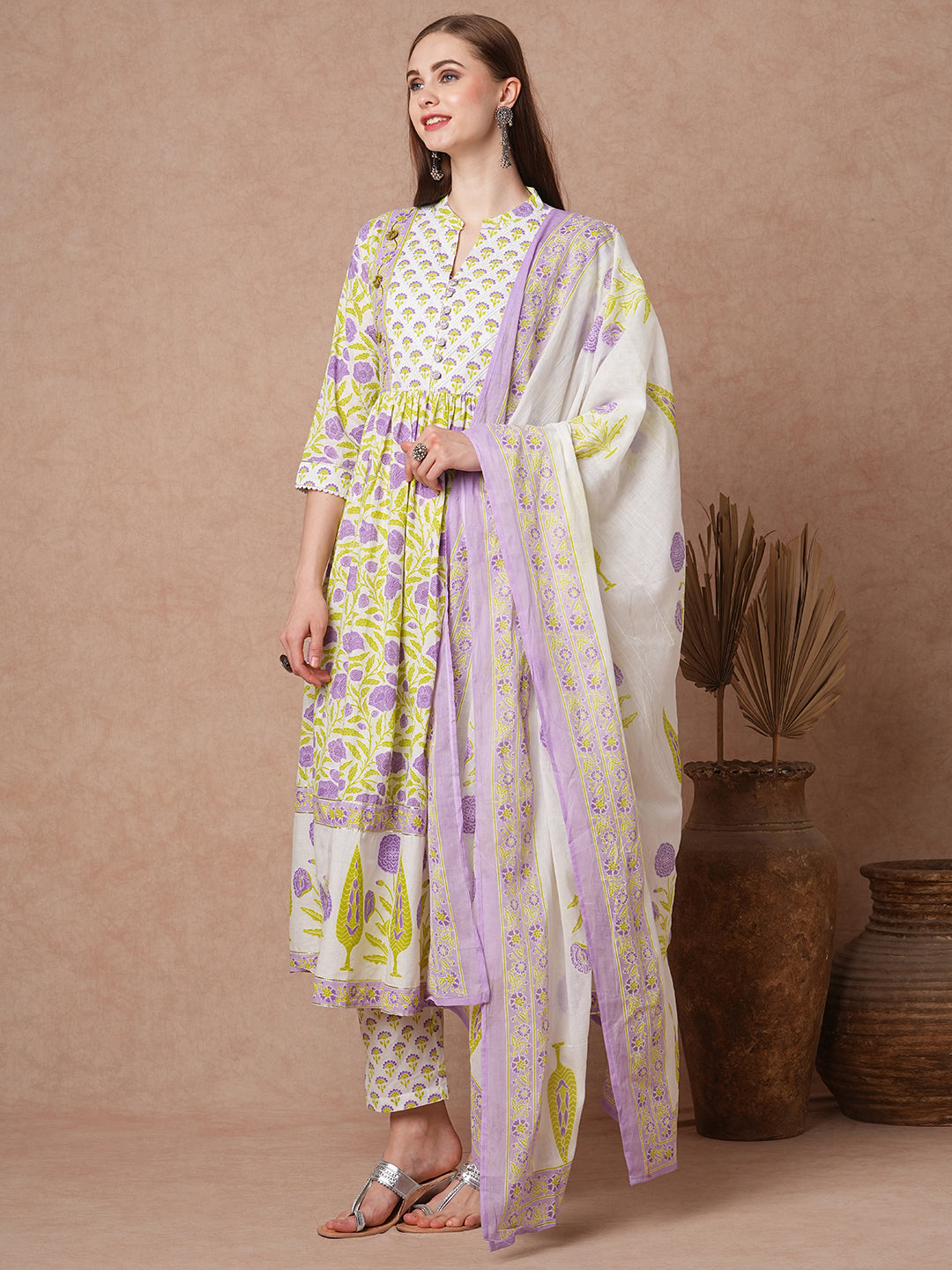 Floral Printed & Embroidered Anarkali Flared Kurta with Pant & Dupatta - White