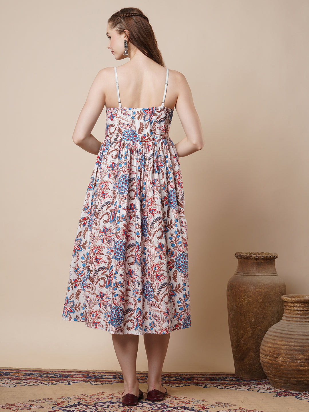 Ethnic Floral Printed & Kantha Work Cotton A-Line Pleated Midi Dress - Off White