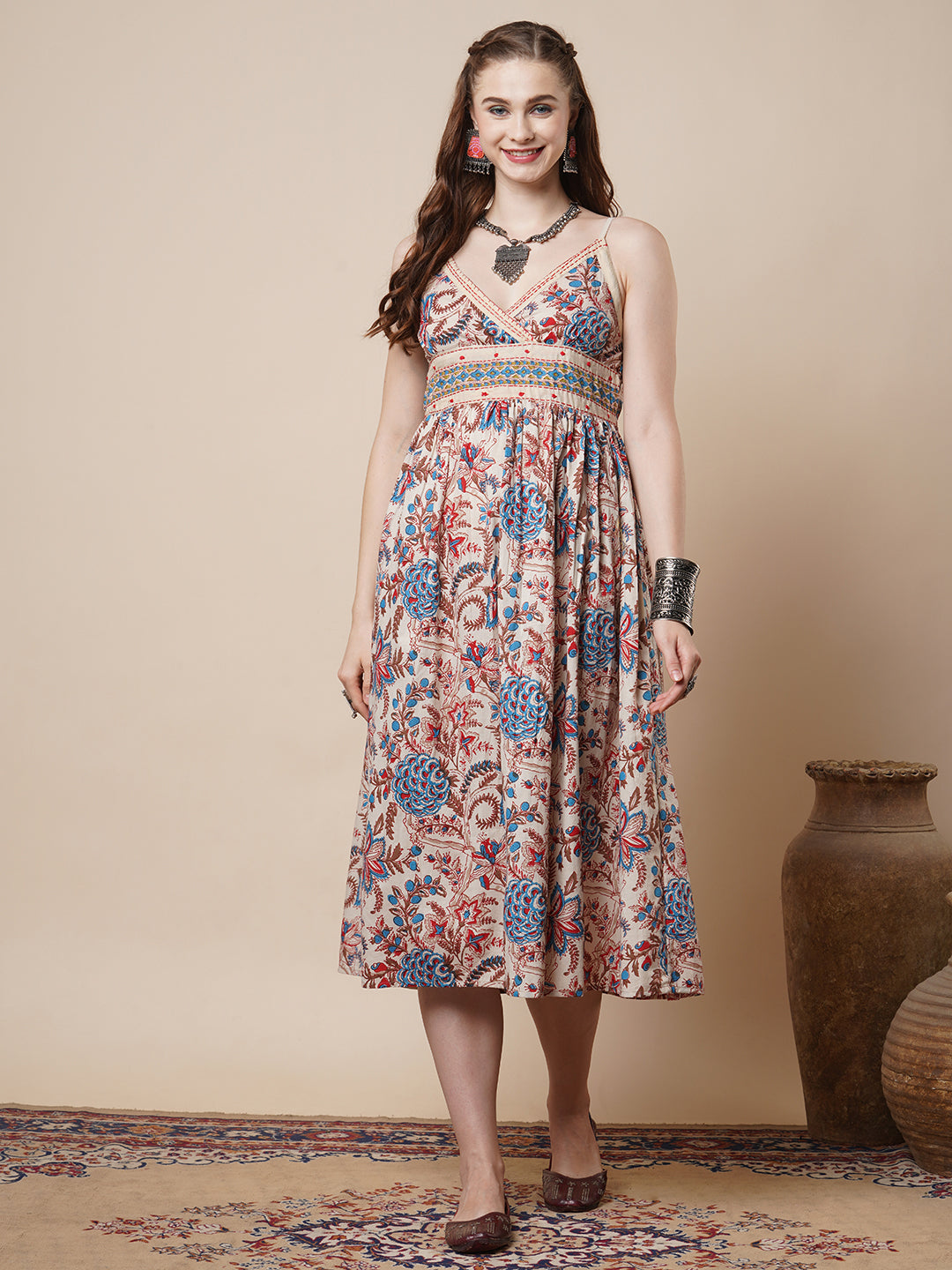 Ethnic Floral Printed & Kantha Embroidered A-Line Pleated Midi Dress - Off White