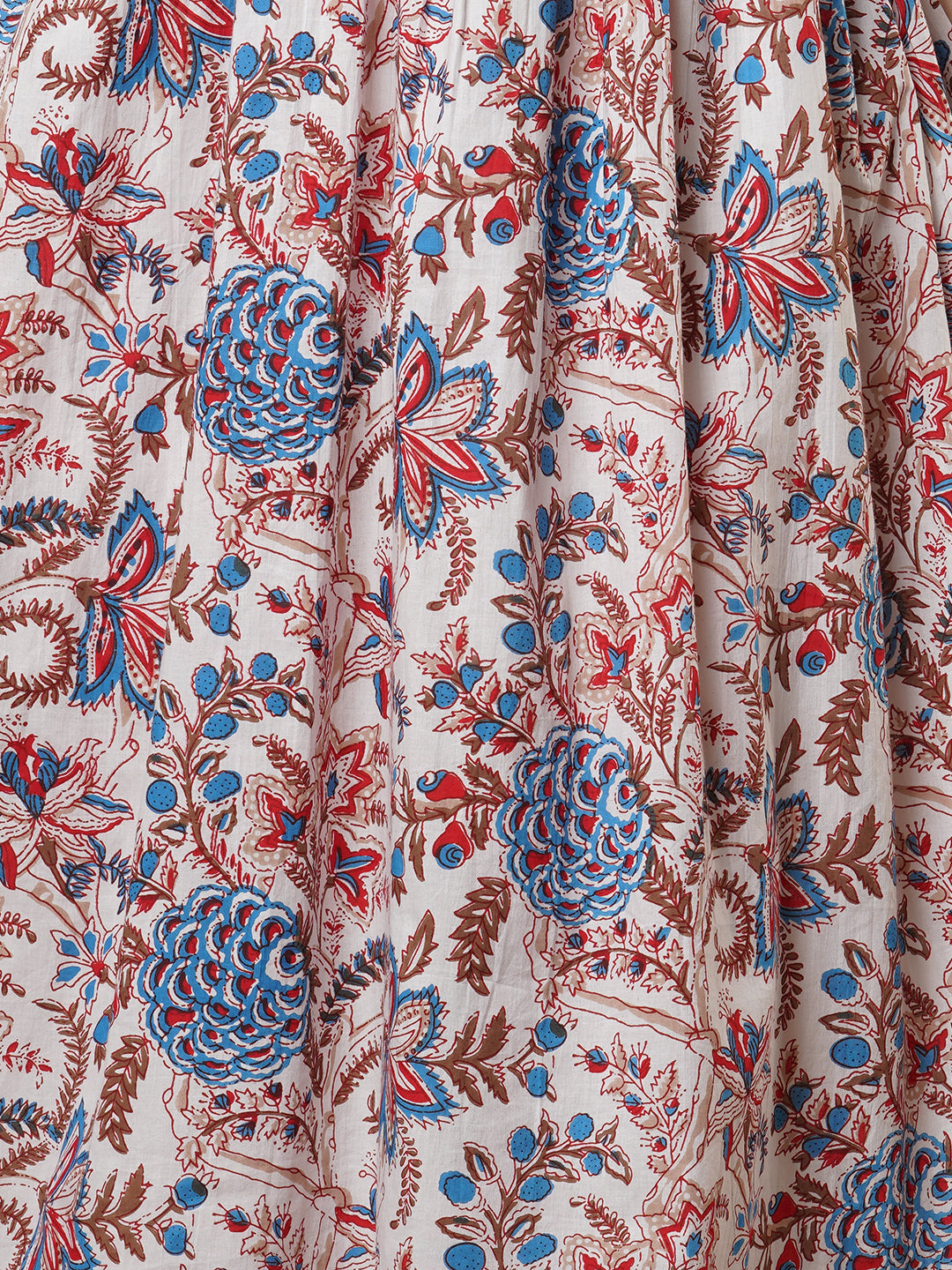 Ethnic Floral Printed & Kantha Embroidered A-Line Pleated Midi Dress - Off White