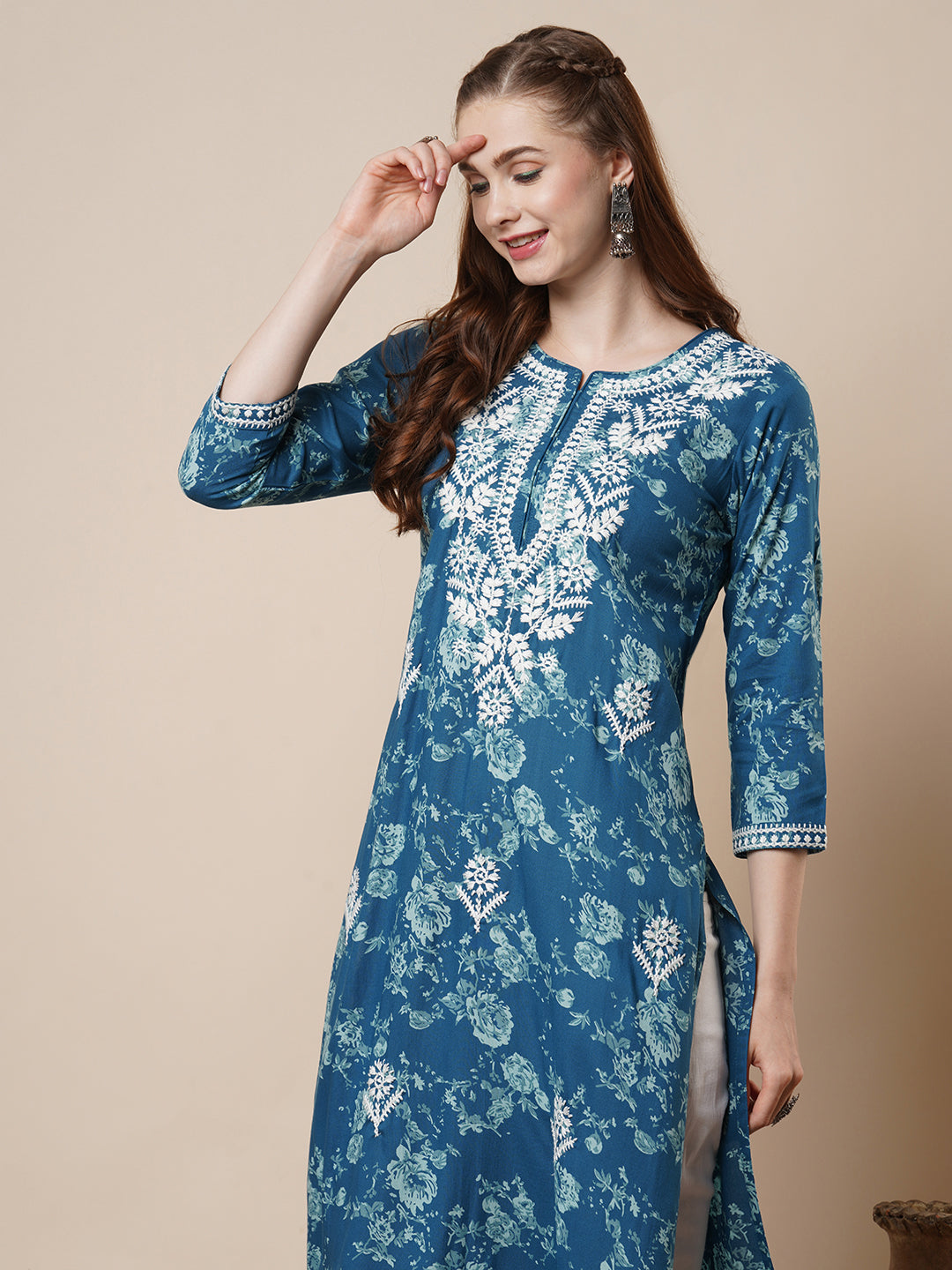 Abstract Floral Printed & Chikankari Embroidered Straight Fit Kurta - Blue