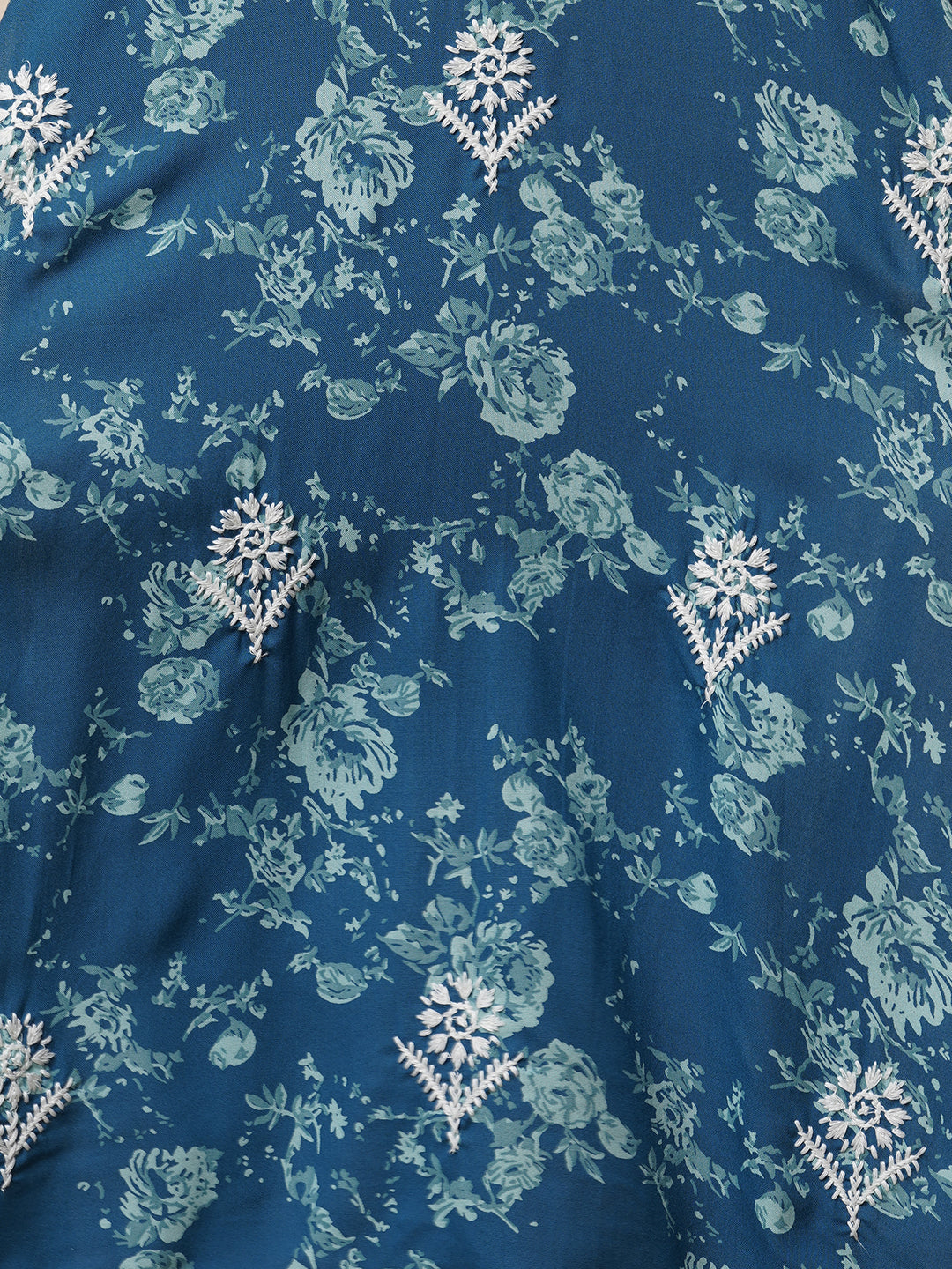 Abstract Floral Printed & Chikankari Embroidered Straight Fit Kurta - Blue