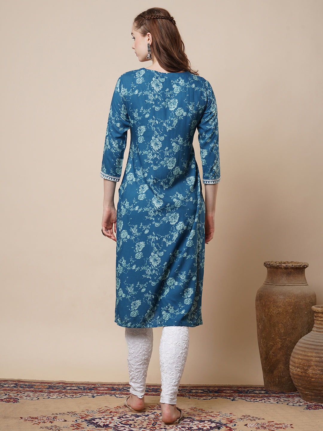Abstract Floral Printed & Chikankari Embroidered Straight Fit Kurta - Blue