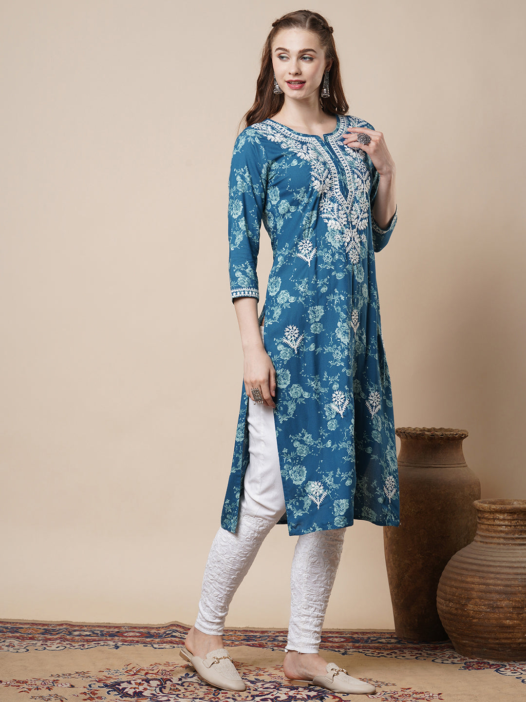 Abstract Floral Printed & Chikankari Embroidered Straight Fit Kurta - Blue