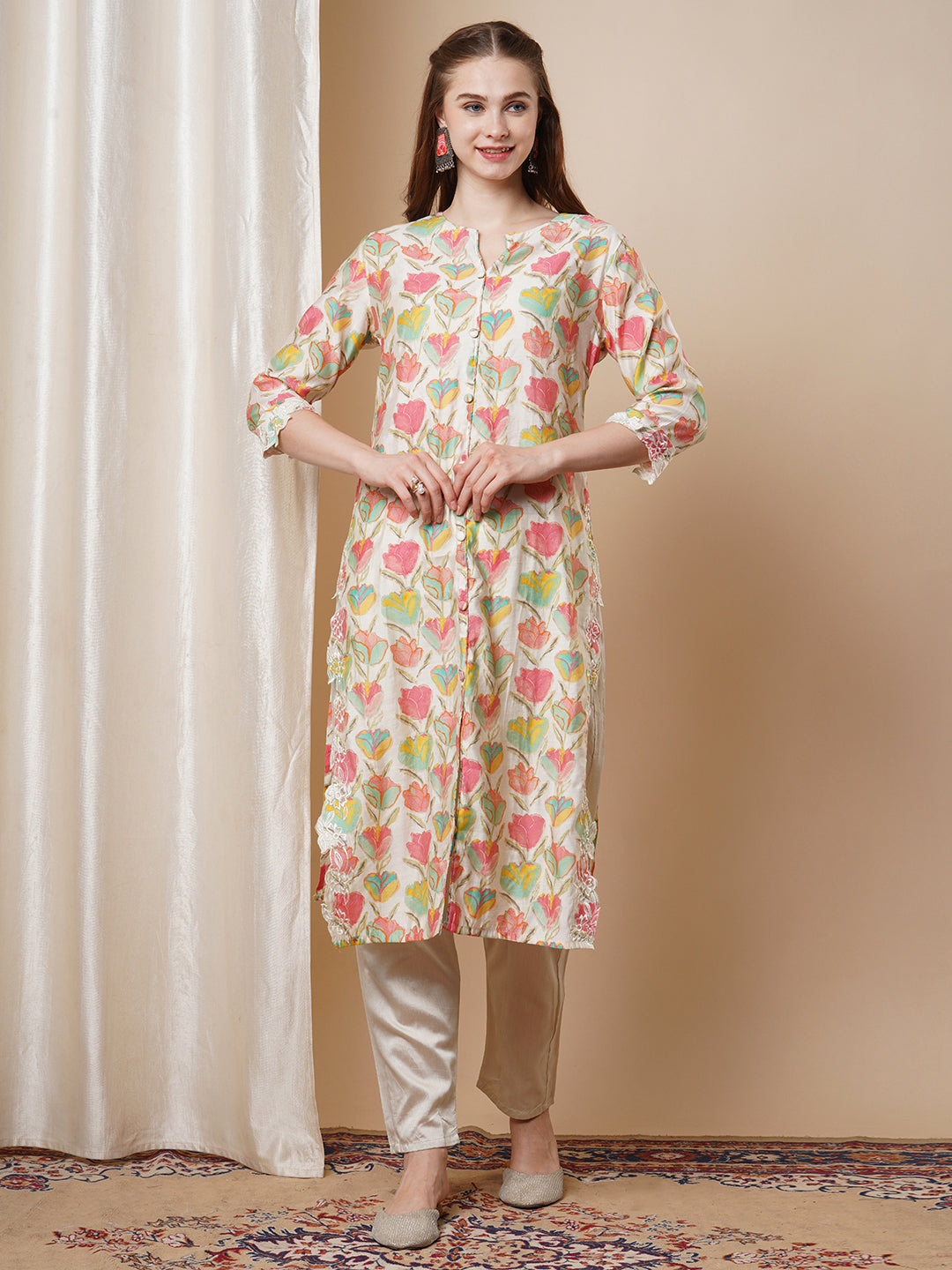 Floral Foil Printed Cutwork Embroidered Straight Kurta with Pant - Multi