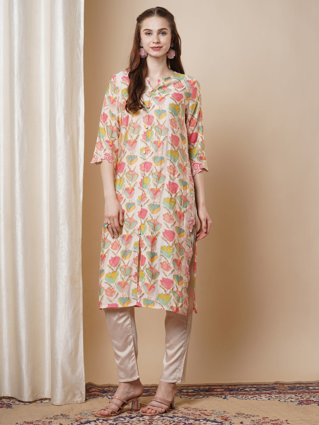 Solid Ethnic Floral Thread Embroidered Straight Fit Co-ord Set - Multi